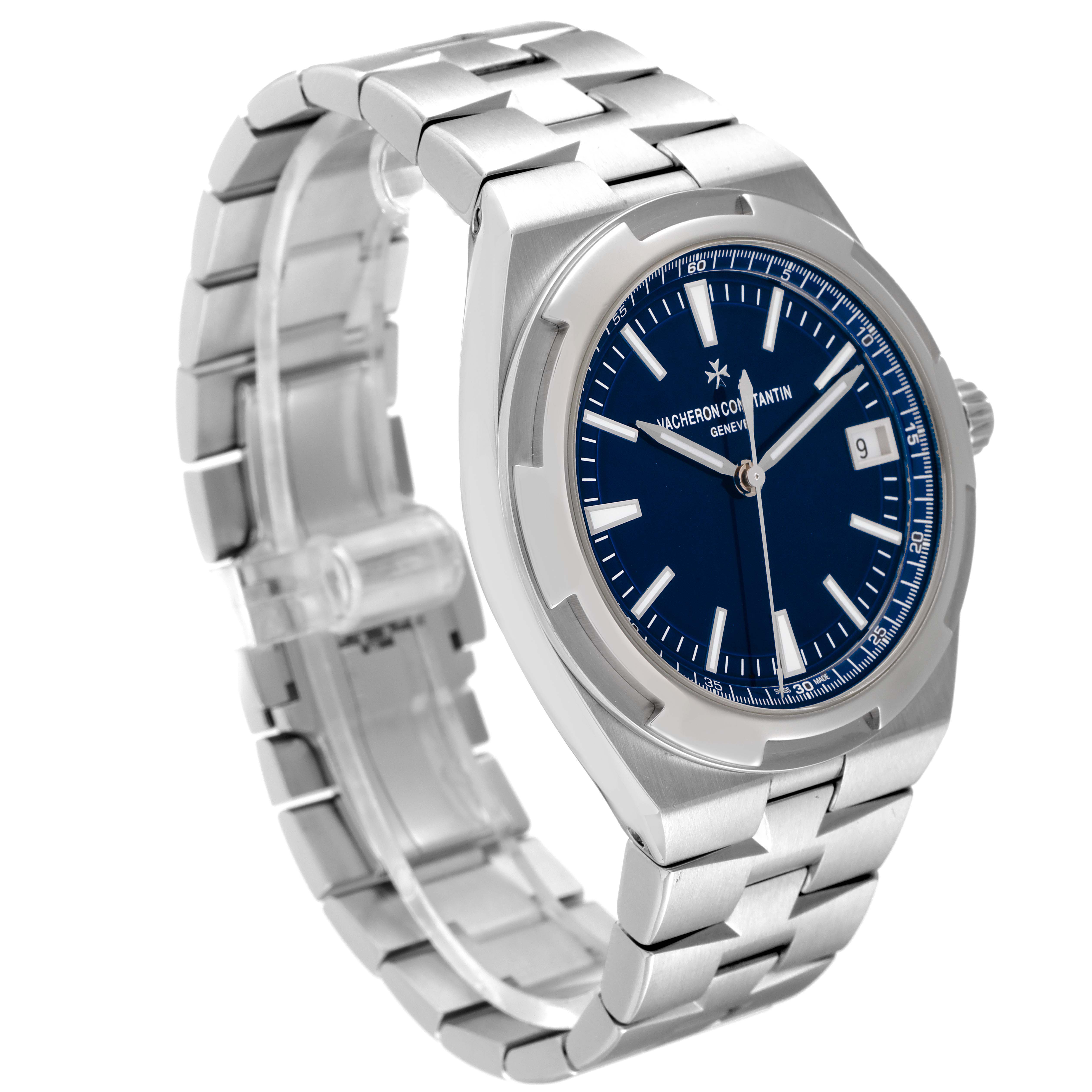 The Vacheron Constantin Overseas 4500V/110A-B128 Men's Stainless Steel Blue Dial 4500V/110A-B128 Men's Stainless Steel Blue Dial model watch is shown at a slight angle, featuring the face, bezel, case, bracelet, and crown.