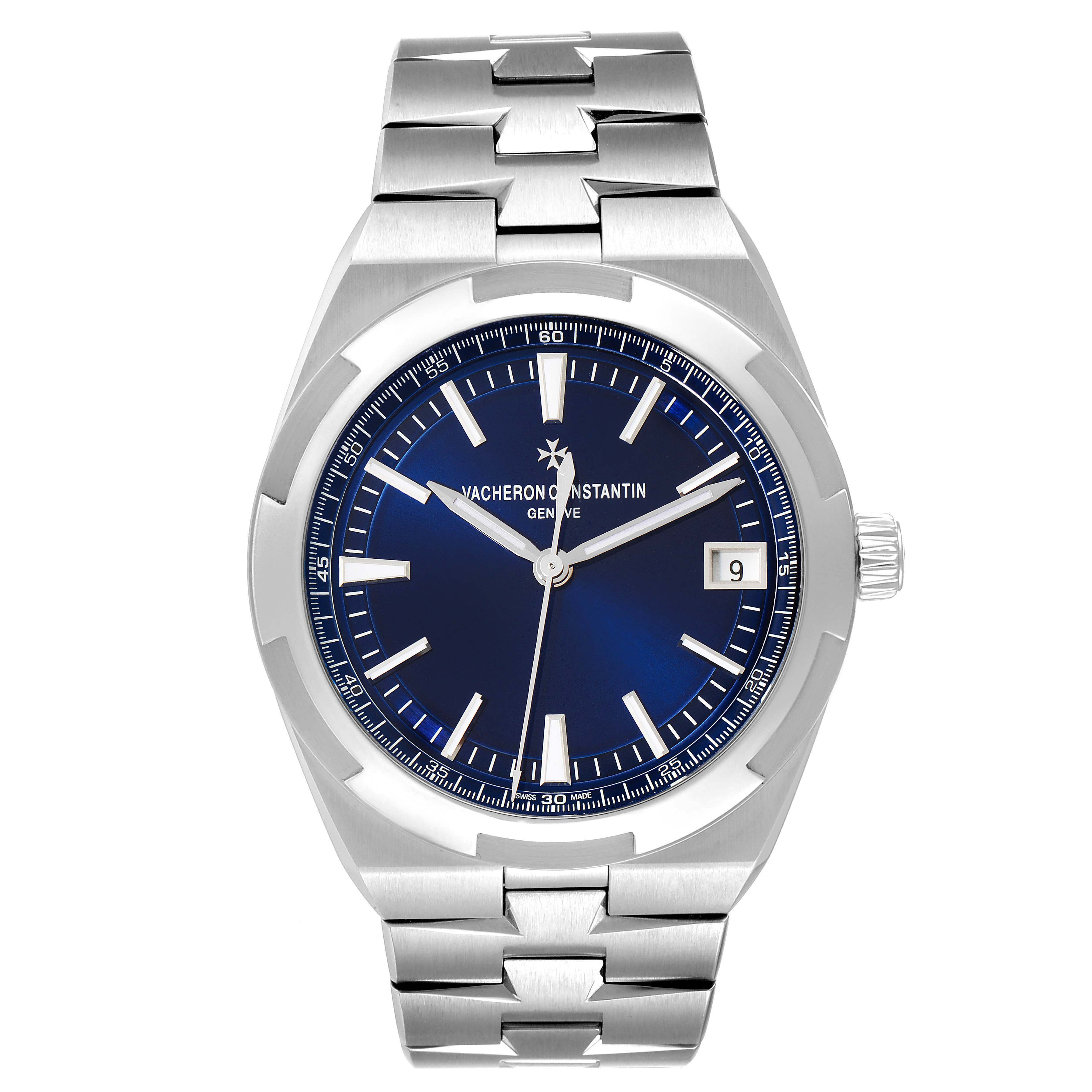 The Vacheron Constantin Overseas 4500V/110A-B128 Men's Stainless Steel Blue Dial 4500V/110A-B128 Men's Stainless Steel Blue Dial model watch is shown from a front angle, displaying the dial, hands, bracelet, and crown.