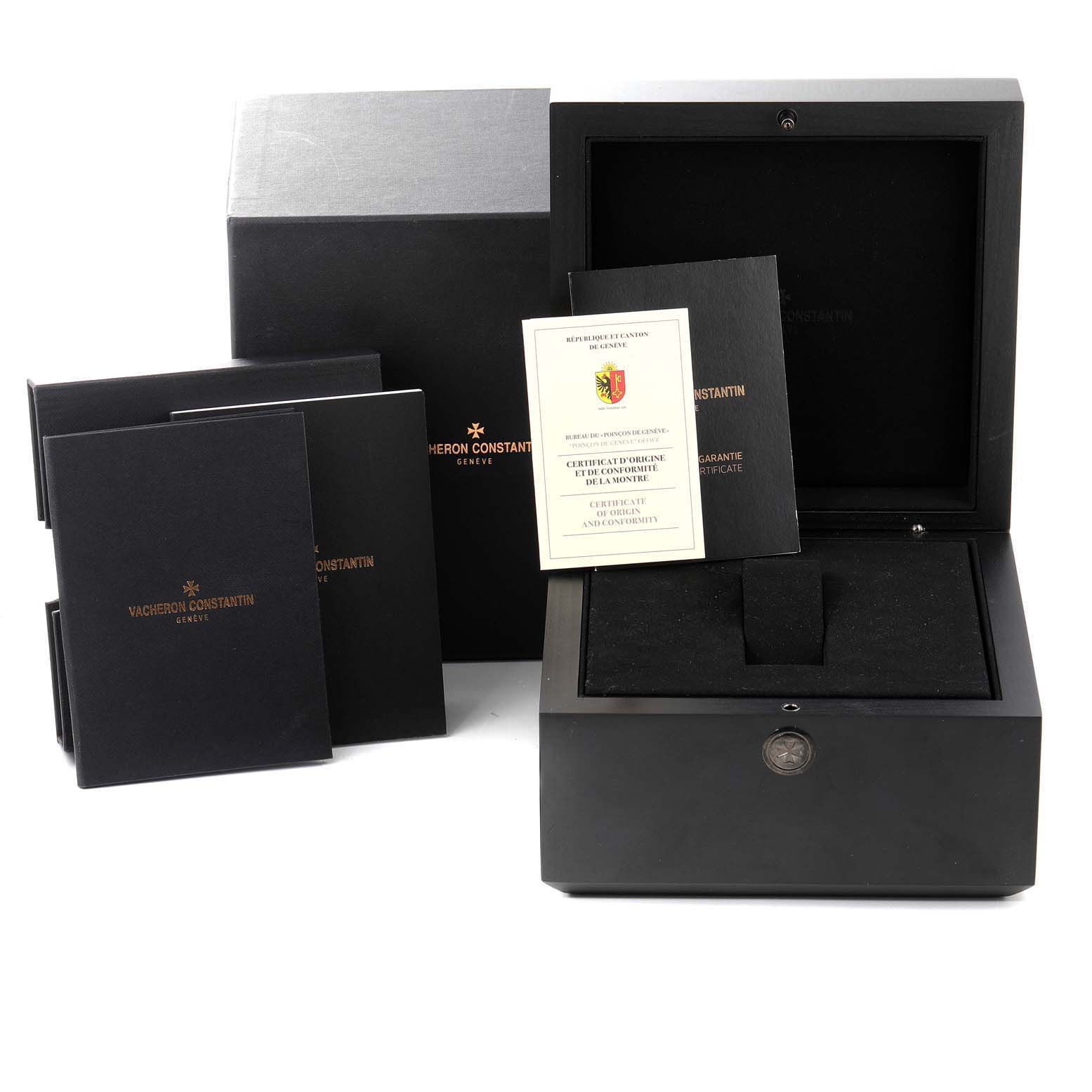 The image shows the packaging and documentation for a Vacheron Constantin Overseas 4500V/110A-B128 Men's Stainless Steel Blue Dial 4500V/110A-B128 Men's Stainless Steel Blue Dial watch, with the box open and certificates displayed.