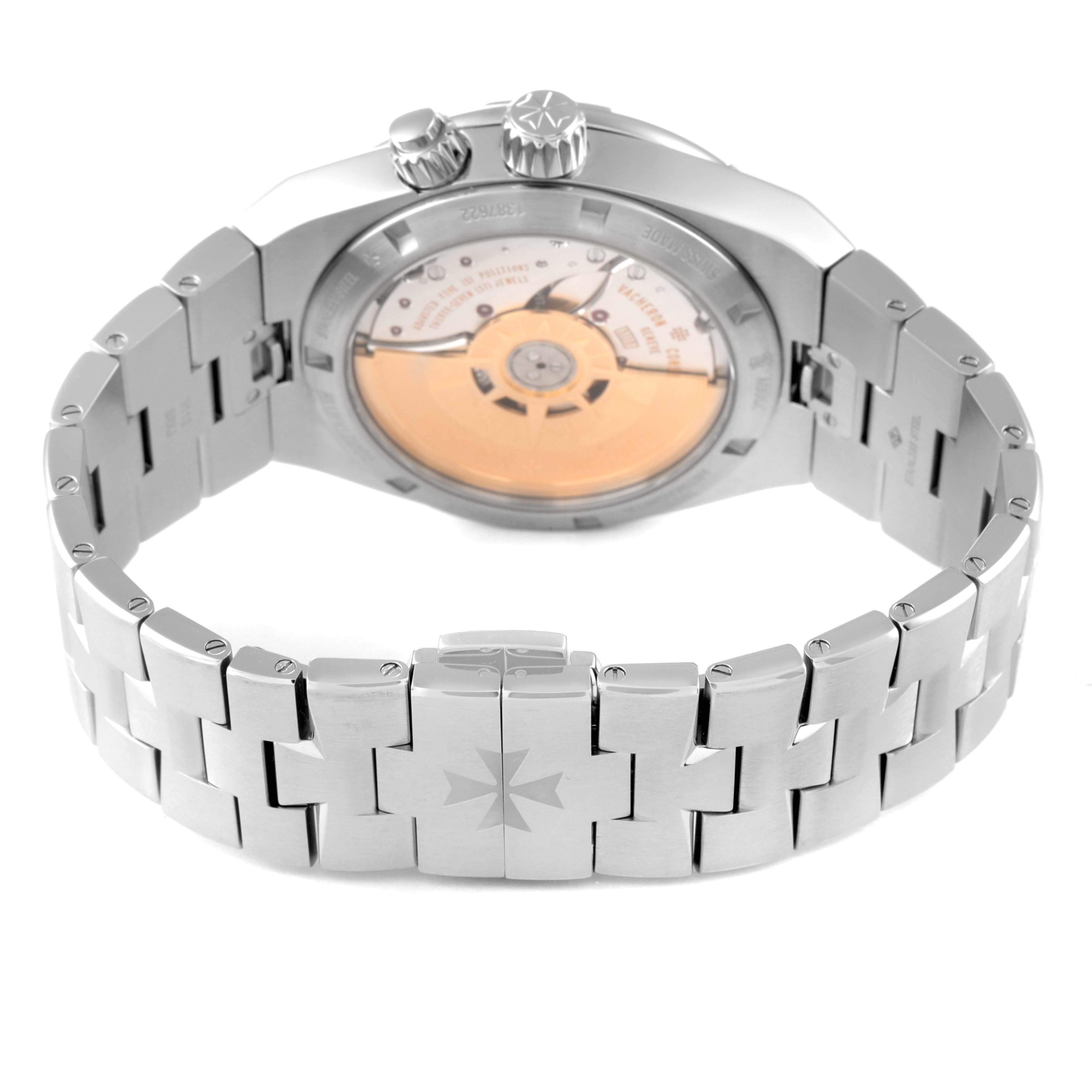 The image shows the back and bracelet of the Vacheron Constantin Overseas 7900V/110A-B334 Men's Stainless Steel Blue Dial 7900V/110A-B334 Men's Stainless Steel Blue Dial watch, highlighting the watch's movement and clasp.