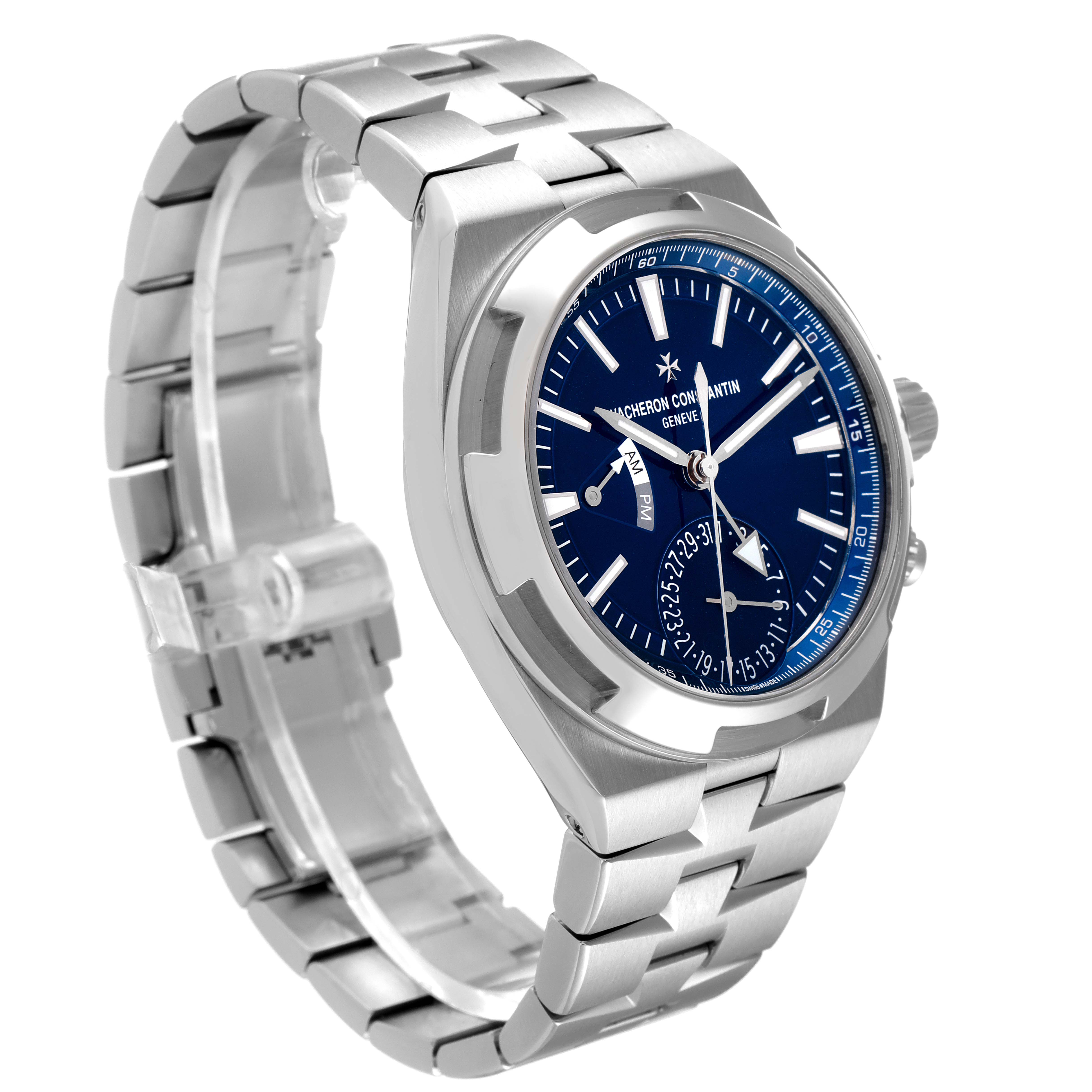 The image shows a front-side angle of the Vacheron Constantin Overseas 7900V/110A-B334 Men's Stainless Steel Blue Dial 7900V/110A-B334 Men's Stainless Steel Blue Dial watch, highlighting the watch face, bezel, and part of the bracelet.