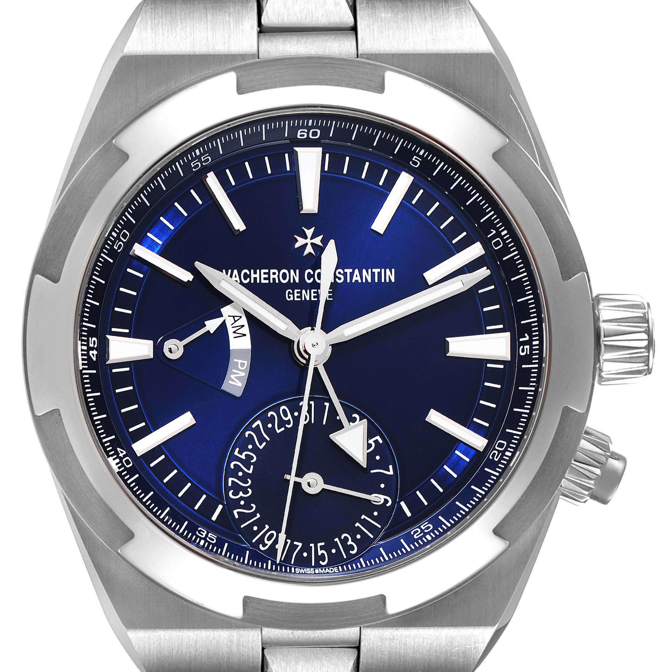 This image shows a front view of the Vacheron Constantin Overseas 7900V/110A-B334 Men's Stainless Steel Blue Dial 7900V/110A-B334 Men's Stainless Steel Blue Dial model watch, highlighting its blue dial and metal bracelet.