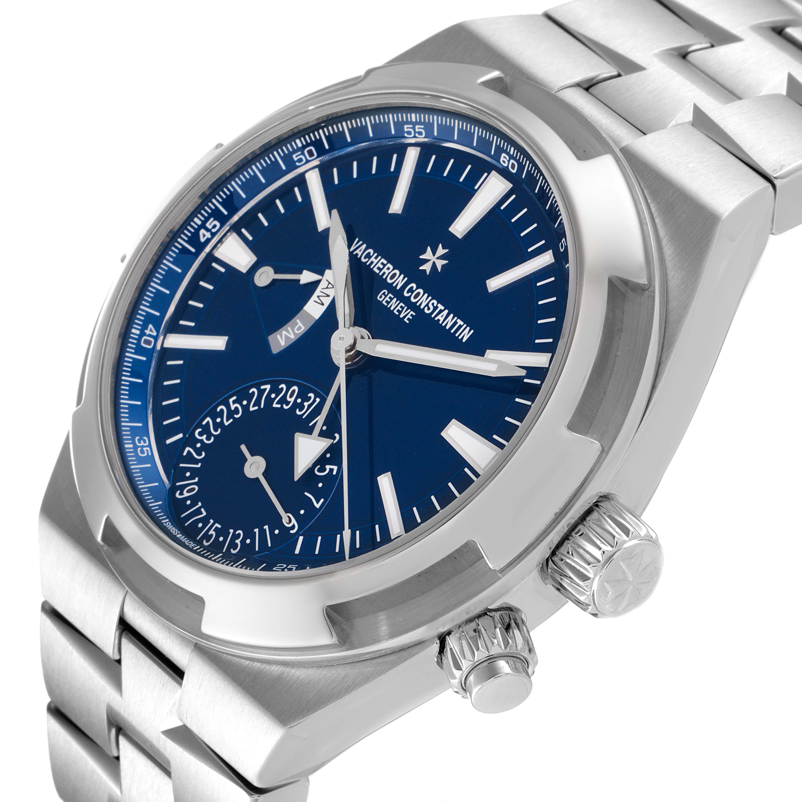 The image shows a side view of the Vacheron Constantin Overseas 7900V/110A-B334 Men's Stainless Steel Blue Dial 7900V/110A-B334 Men's Stainless Steel Blue Dial model, highlighting its blue dial, crown, and stainless steel bracelet.