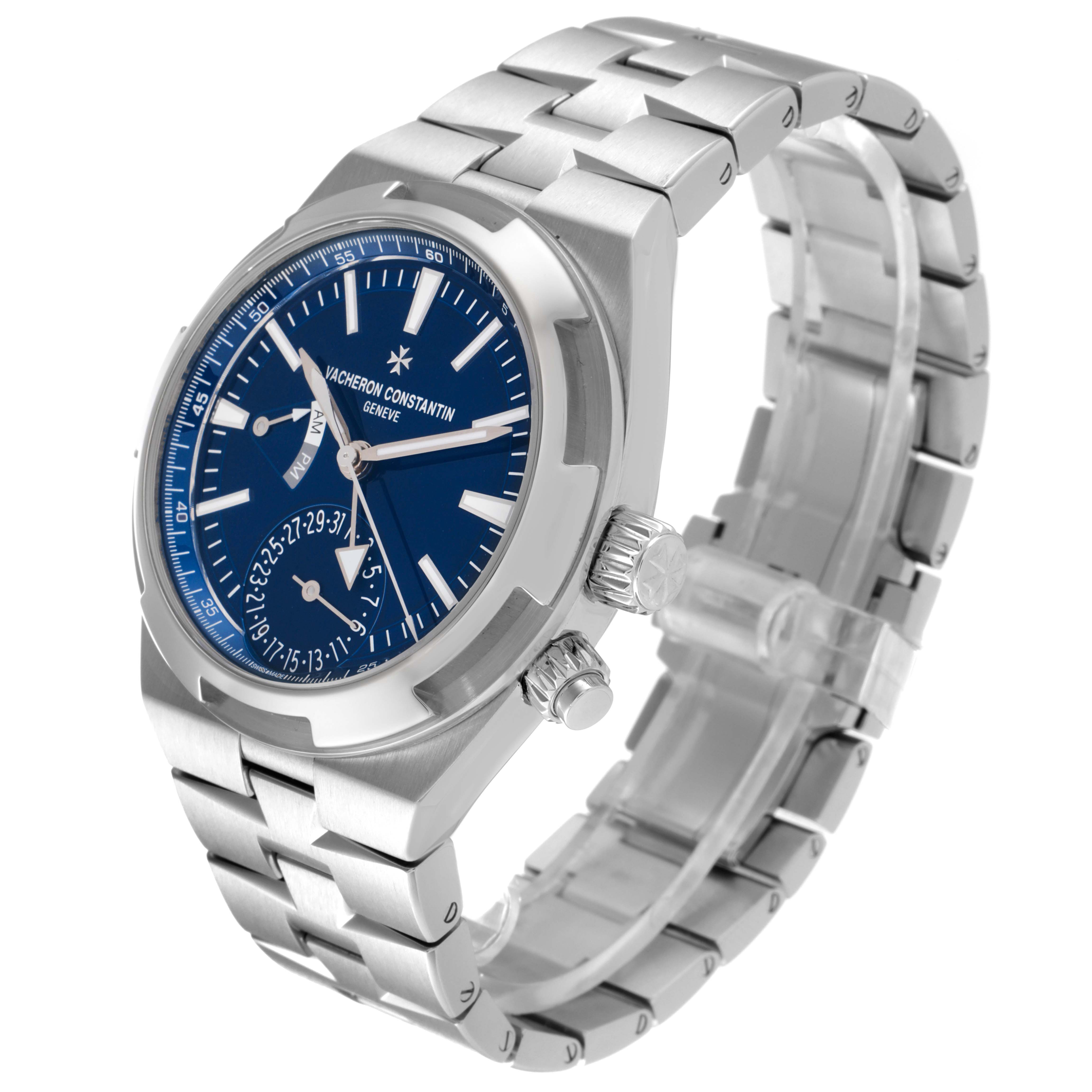 This image shows a Vacheron Constantin Overseas 7900V/110A-B334 Men's Stainless Steel Blue Dial 7900V/110A-B334 Men's Stainless Steel Blue Dial watch at a three-quarter angle highlighting the face, crown, and bracelet.