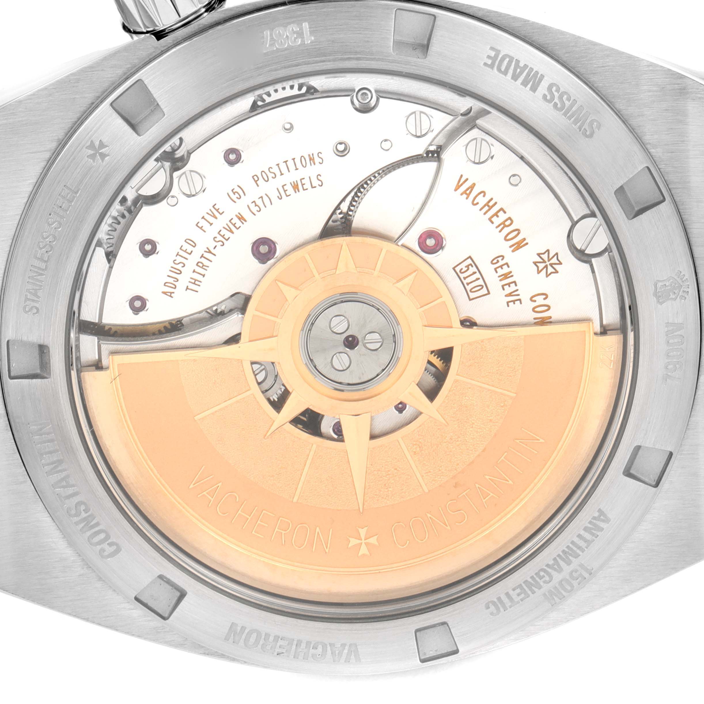 This image shows the movement of the Vacheron Constantin Overseas 7900V/110A-B334 Men's Stainless Steel Blue Dial 7900V/110A-B334 Men's Stainless Steel Blue Dial watch, focusing on its intricate internal mechanism.