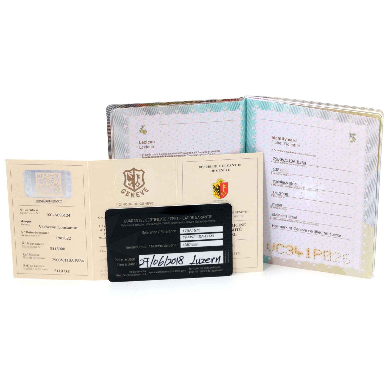 The image shows the warranty certificate and documentation for the Vacheron Constantin Overseas 7900V/110A-B334 Men's Stainless Steel Blue Dial 7900V/110A-B334 Men's Stainless Steel Blue Dial model watch.