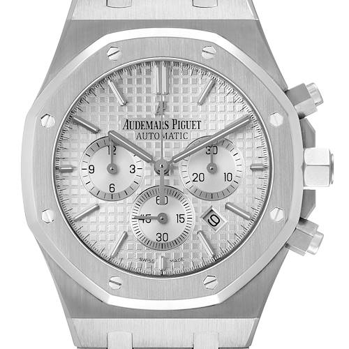 The image shows a front view of the Audemars Piguet Royal Oak 26320ST Men's Stainless Steel Silver Dial watch, highlighting the dial, bezel, and crown.