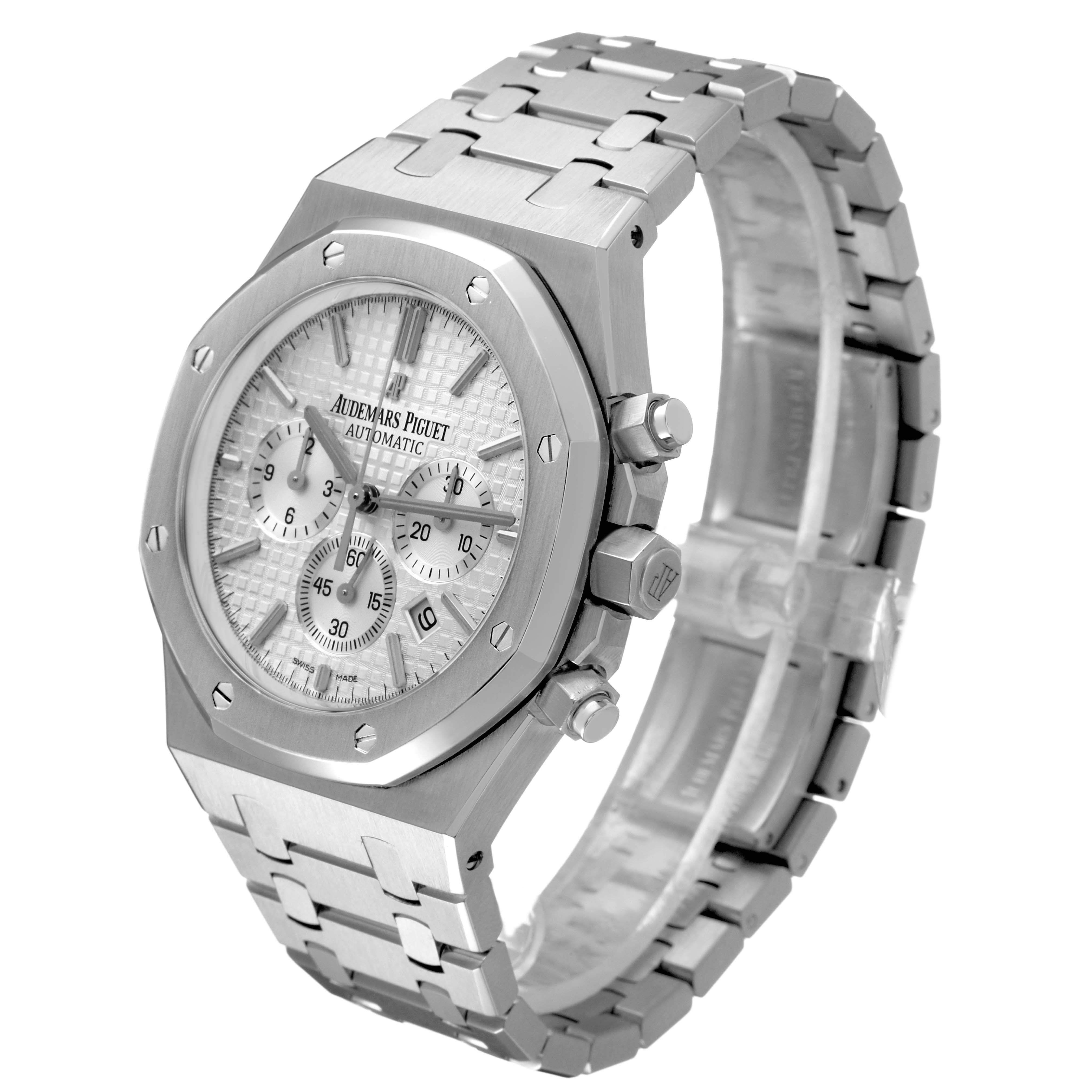 The Audemars Piguet Royal Oak 26320ST Men's Stainless Steel Silver Dial watch is shown at an angle highlighting the face, bezel, crown, and bracelet.