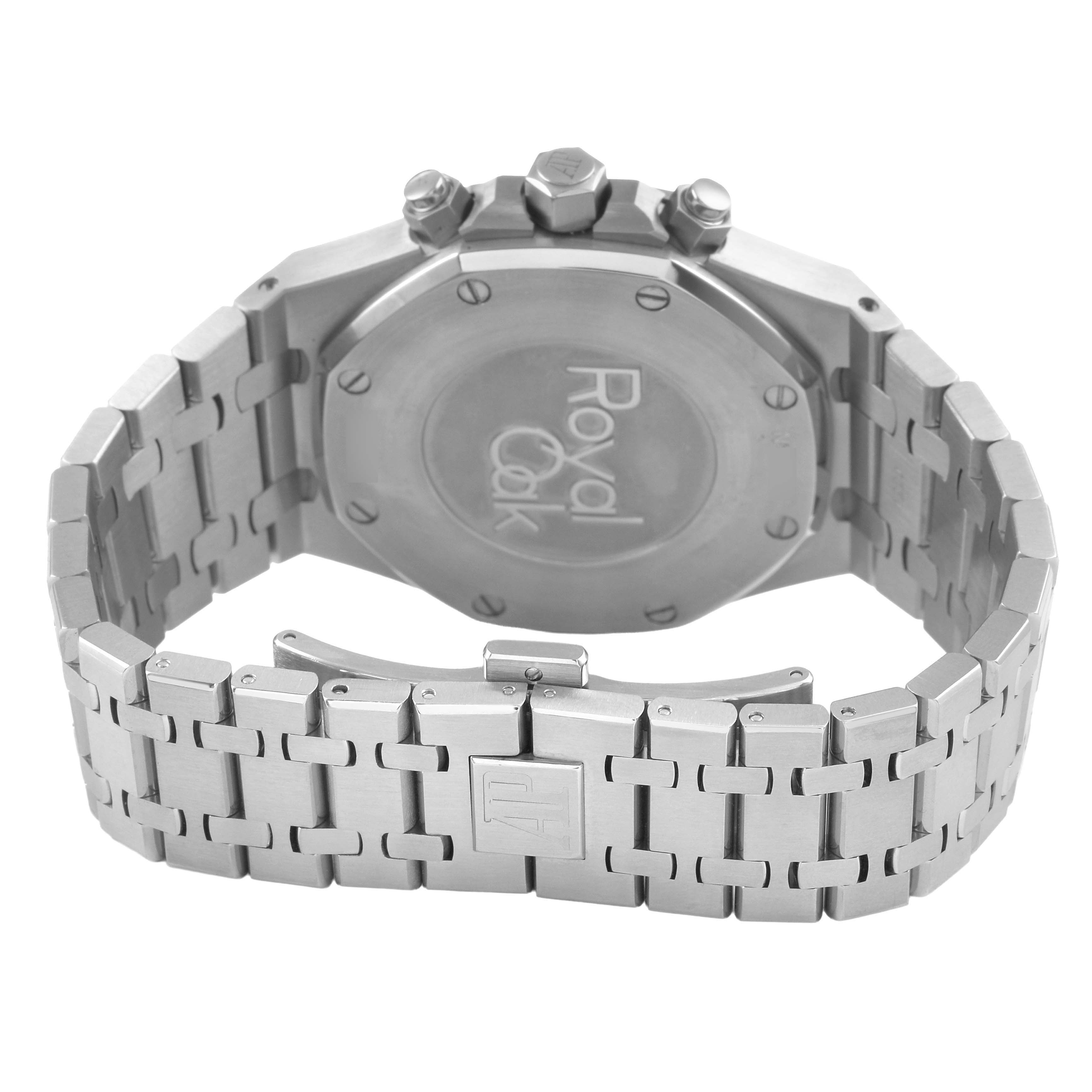 The image shows the back view of an Audemars Piguet Royal Oak 26320ST Men's Stainless Steel Silver Dial watch, highlighting the case back and metal bracelet with clasp.