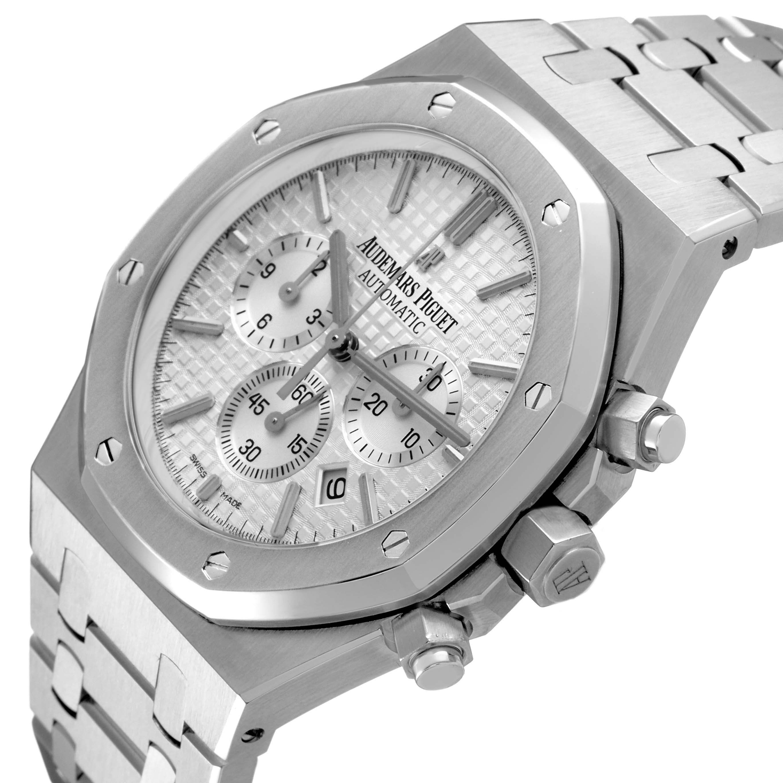 The Audemars Piguet Royal Oak 26320ST Men's Stainless Steel Silver Dial watch is shown at a side angle, highlighting the hexagonal bezel, dial, crown, and stainless steel bracelet.