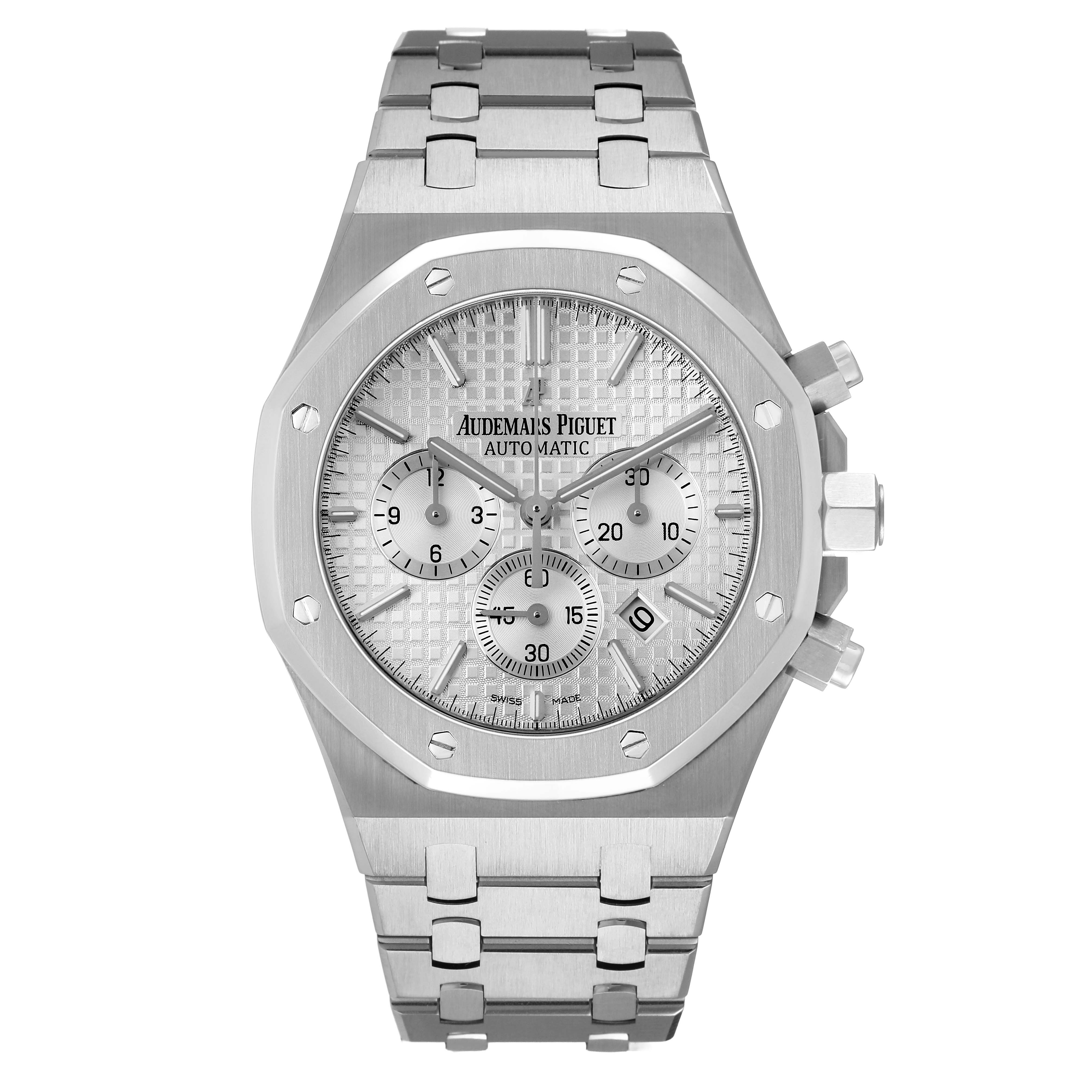 The Audemars Piguet Royal Oak 26320ST Men's Stainless Steel Silver Dial watch is shown from the front, displaying the face, bezel, bracelet, and pushers.