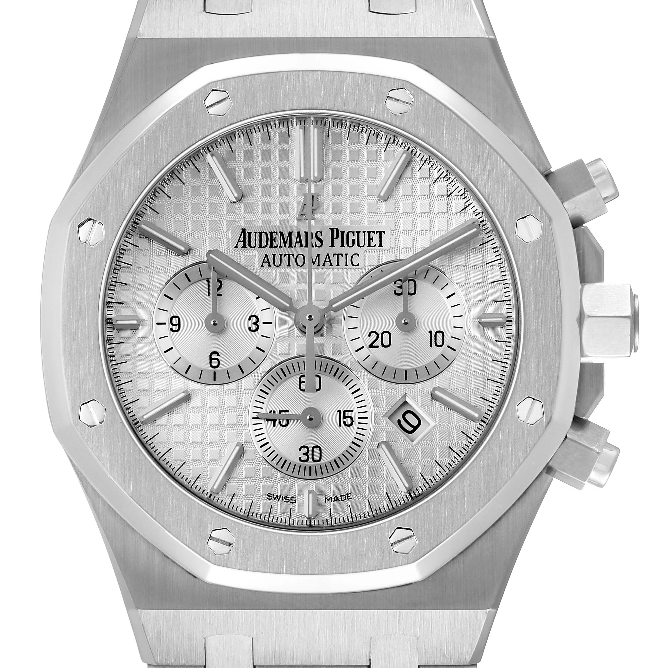 The Audemars Piguet Royal Oak 26320ST Men's Stainless Steel Silver Dial watch is shown from a front angle, displaying its dial, bezel, and pushers.