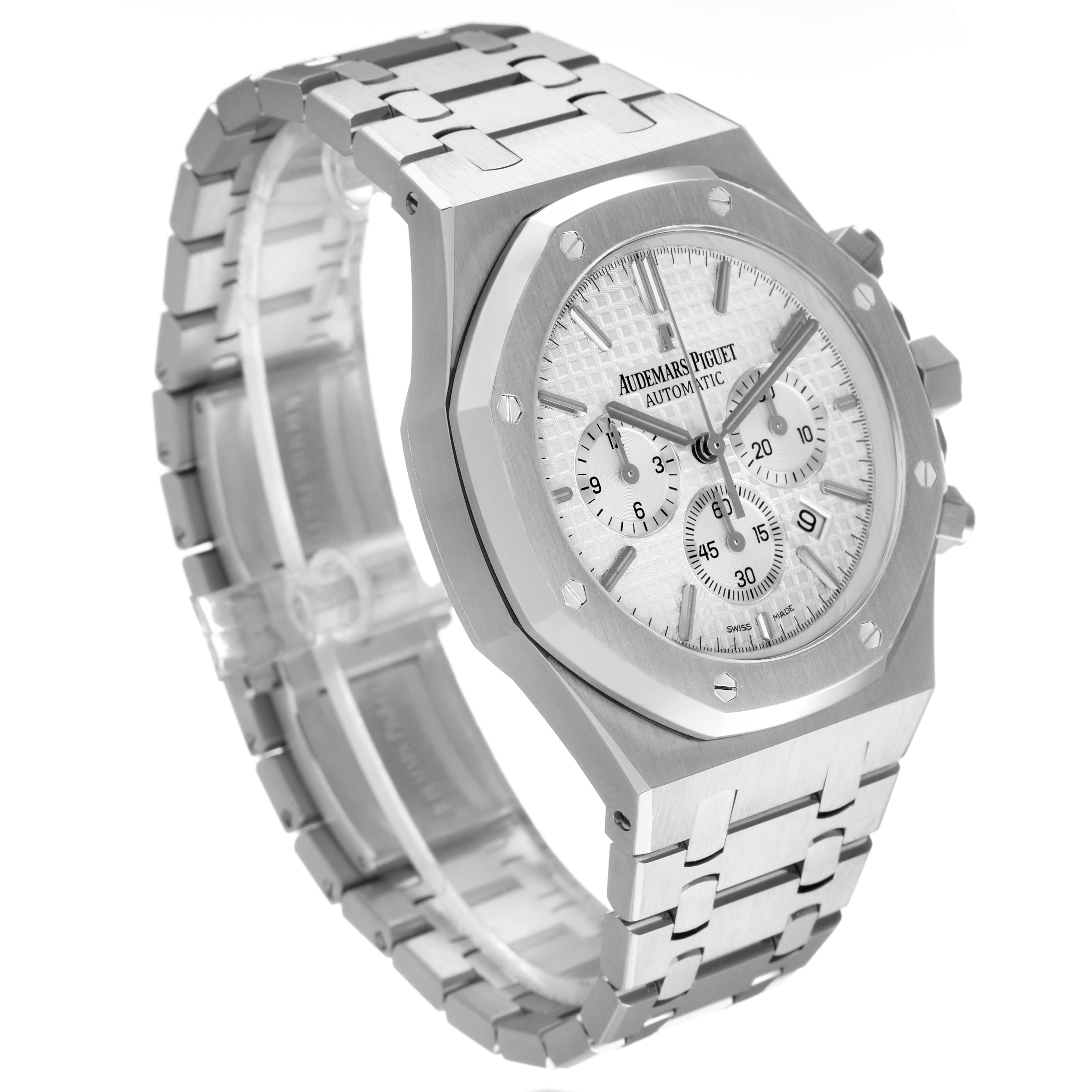 The Audemars Piguet Royal Oak 26320ST Men's Stainless Steel Silver Dial watch is shown at an angled side view, displaying the bracelet, case, and dial clearly.