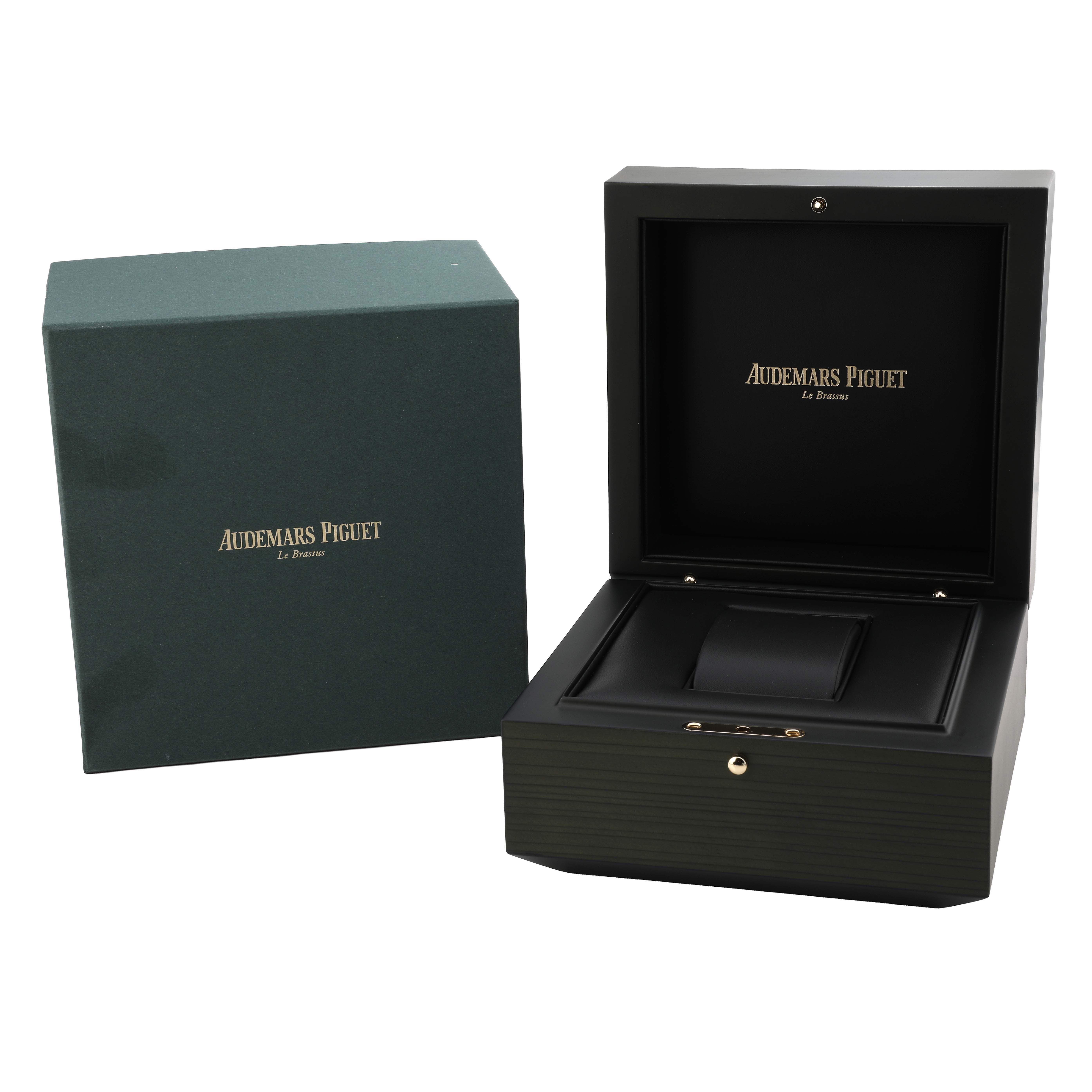 The image shows an open Audemars Piguet Royal Oak 26320ST Men's Stainless Steel Silver Dial watch box and its outer packaging.