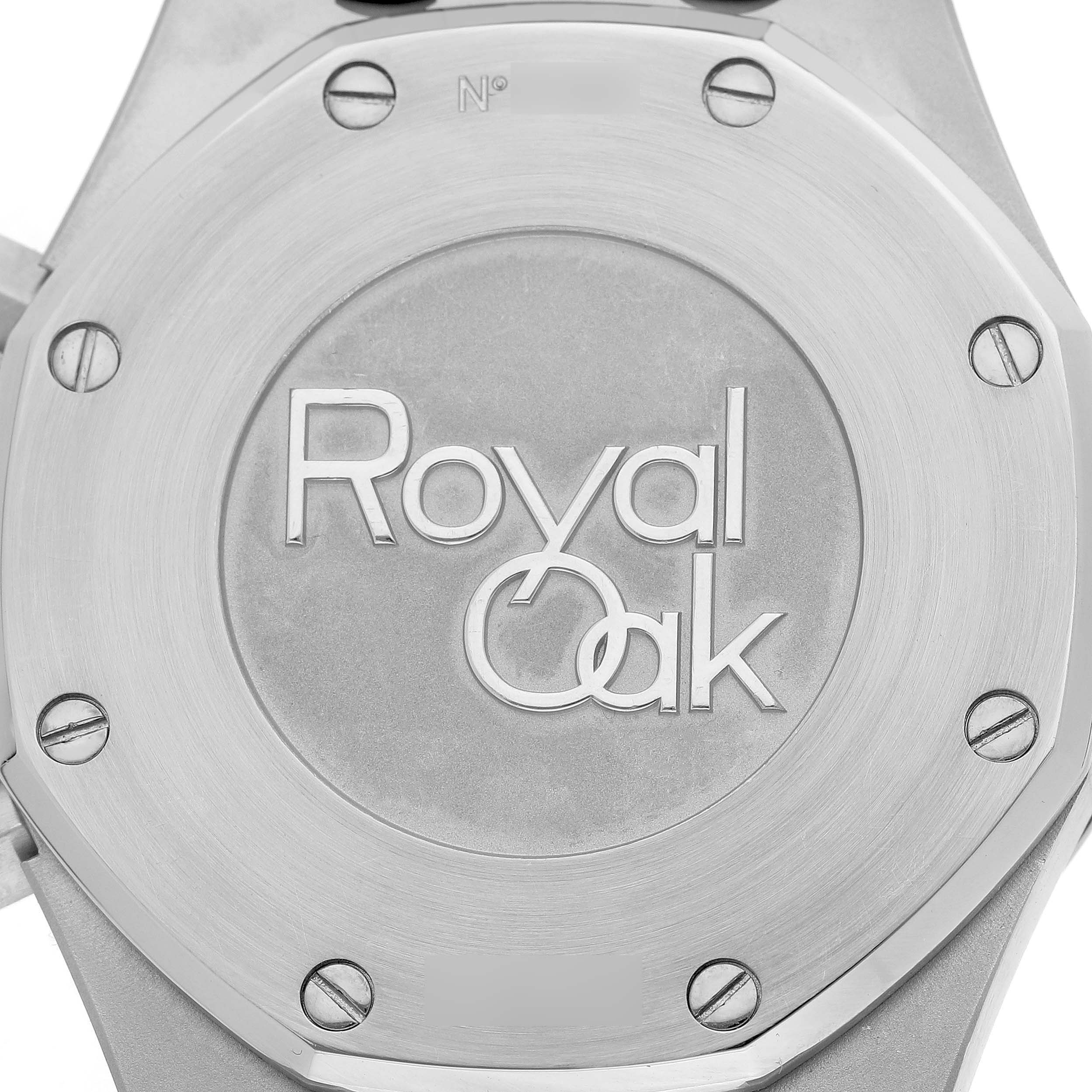 The image shows the back case of the Audemars Piguet Royal Oak 26320ST Men's Stainless Steel Silver Dial, highlighting the engraved model name and screws.