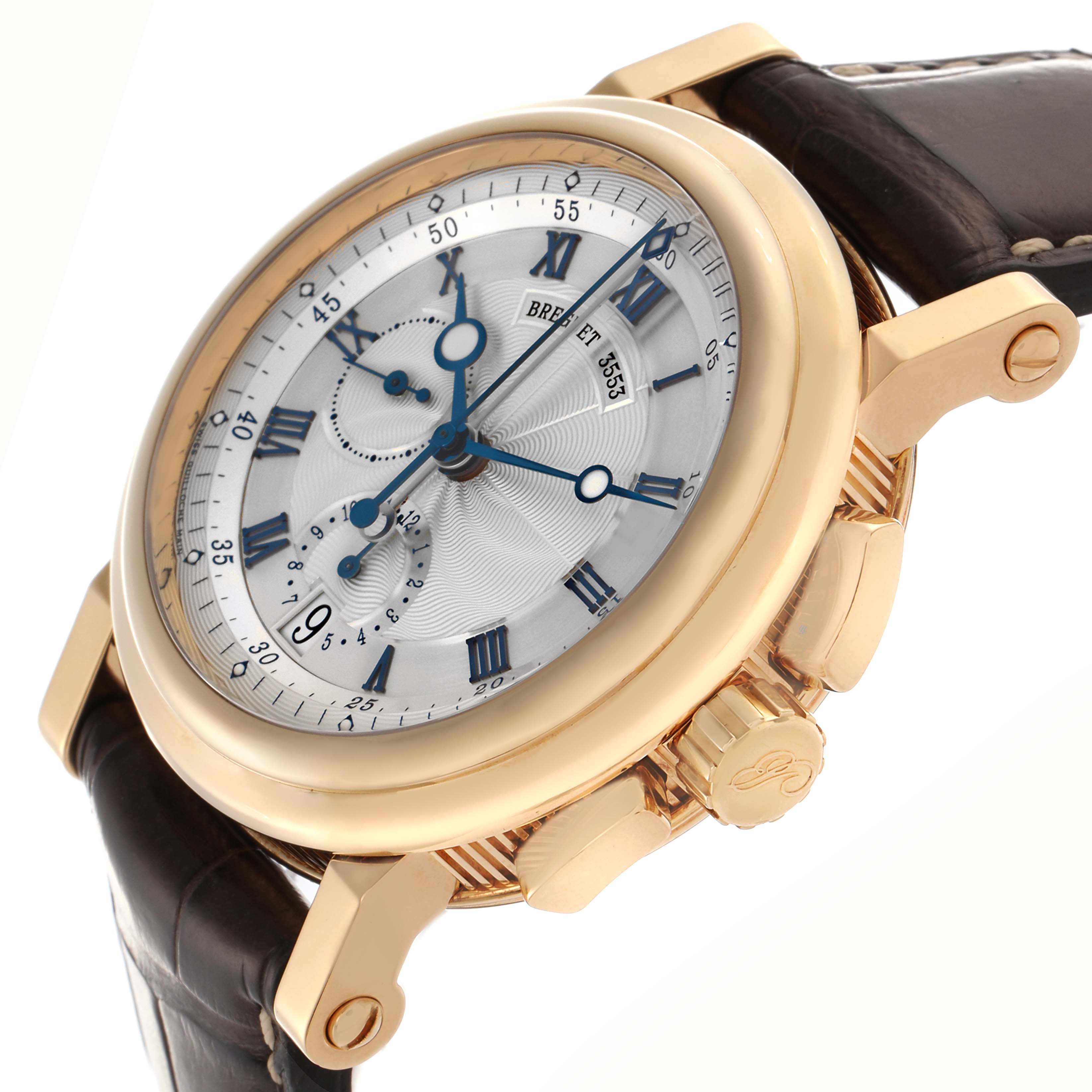 The Breguet Marine 5827BA/12/9Z8 Men's Yellow Gold Silver Dial 5827BA/12/9Z8 Men's Yellow Gold Silver Dial watch is shown from a three-quarter angle, highlighting its face, case, crown, and leather strap.
