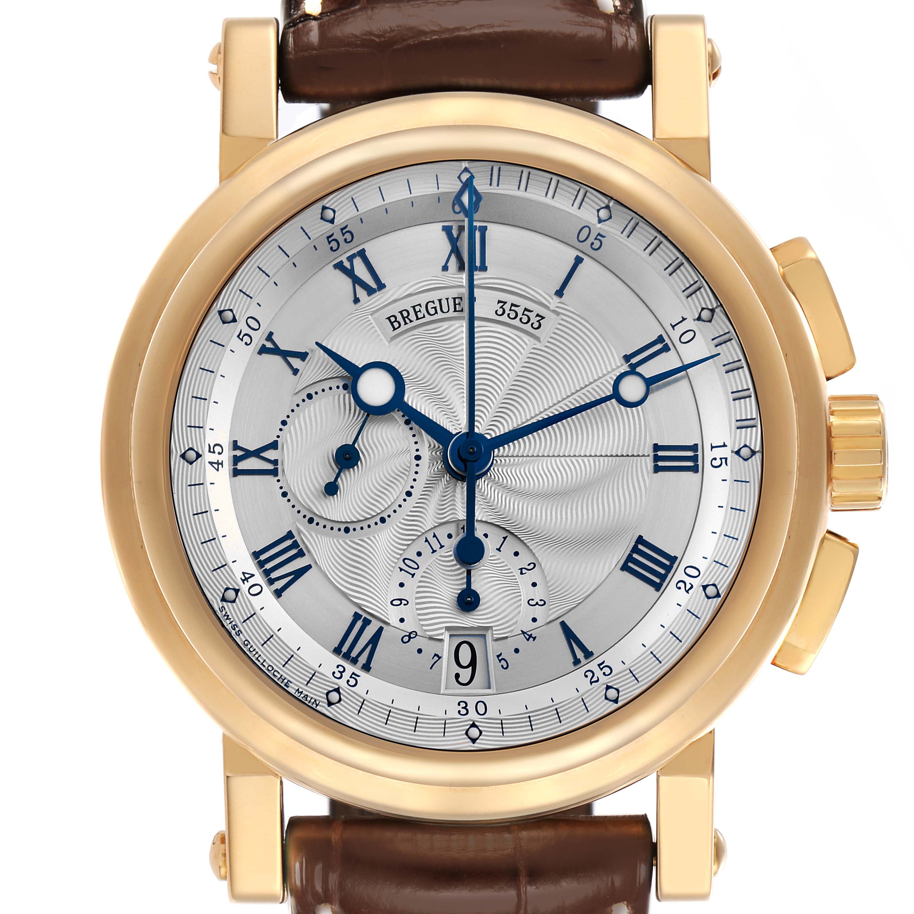 The Breguet Marine 5827BA/12/9Z8 Men's Yellow Gold Silver Dial 5827BA/12/9Z8 Men's Yellow Gold Silver Dial watch is shown from a front angle, displaying its face, dial, and crown with a brown leather strap.