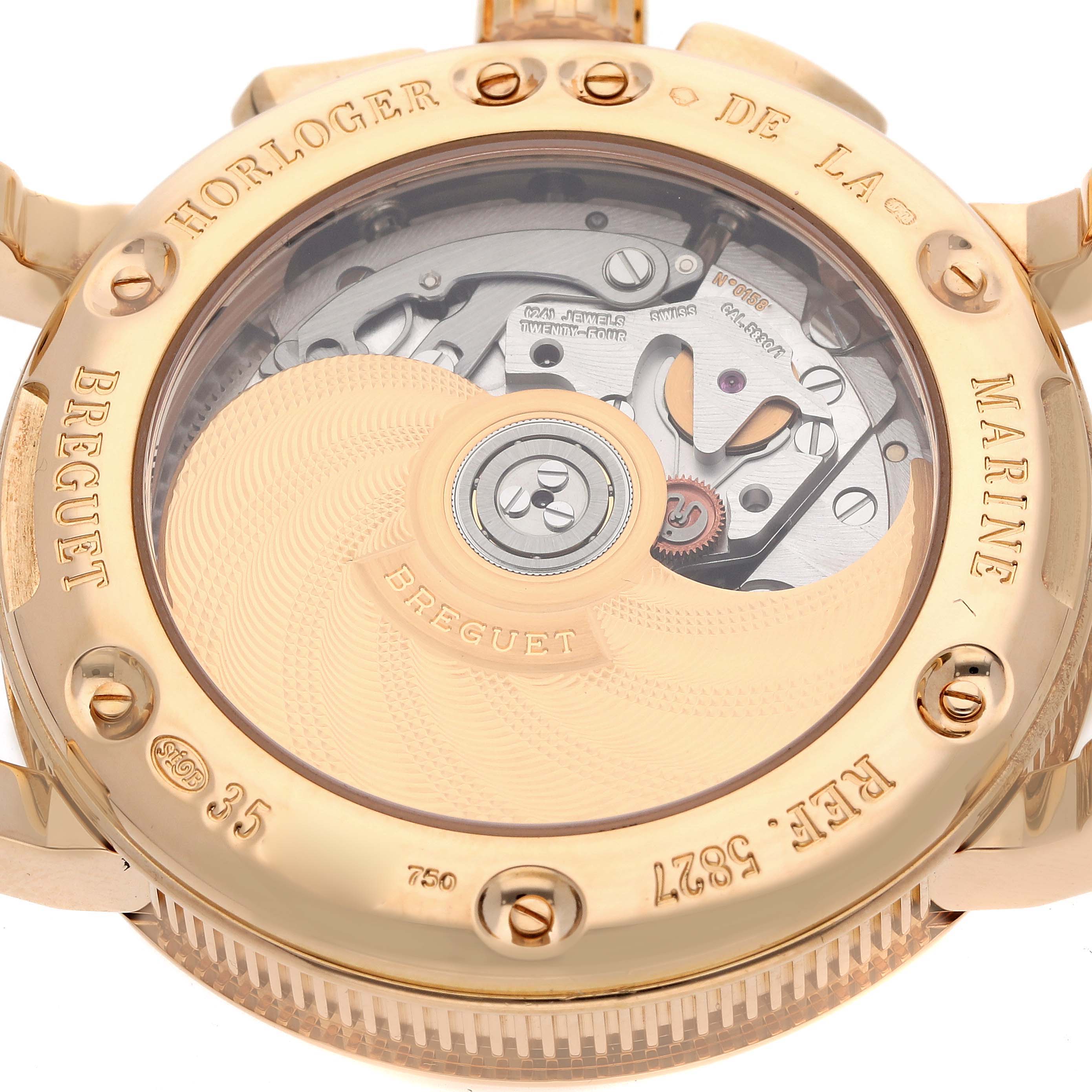 The image shows the back view of a Breguet Marine 5827BA/12/9Z8 Men's Yellow Gold Silver Dial 5827BA/12/9Z8 Men's Yellow Gold Silver Dial watch, highlighting the intricate movement and rotor through a transparent case back.