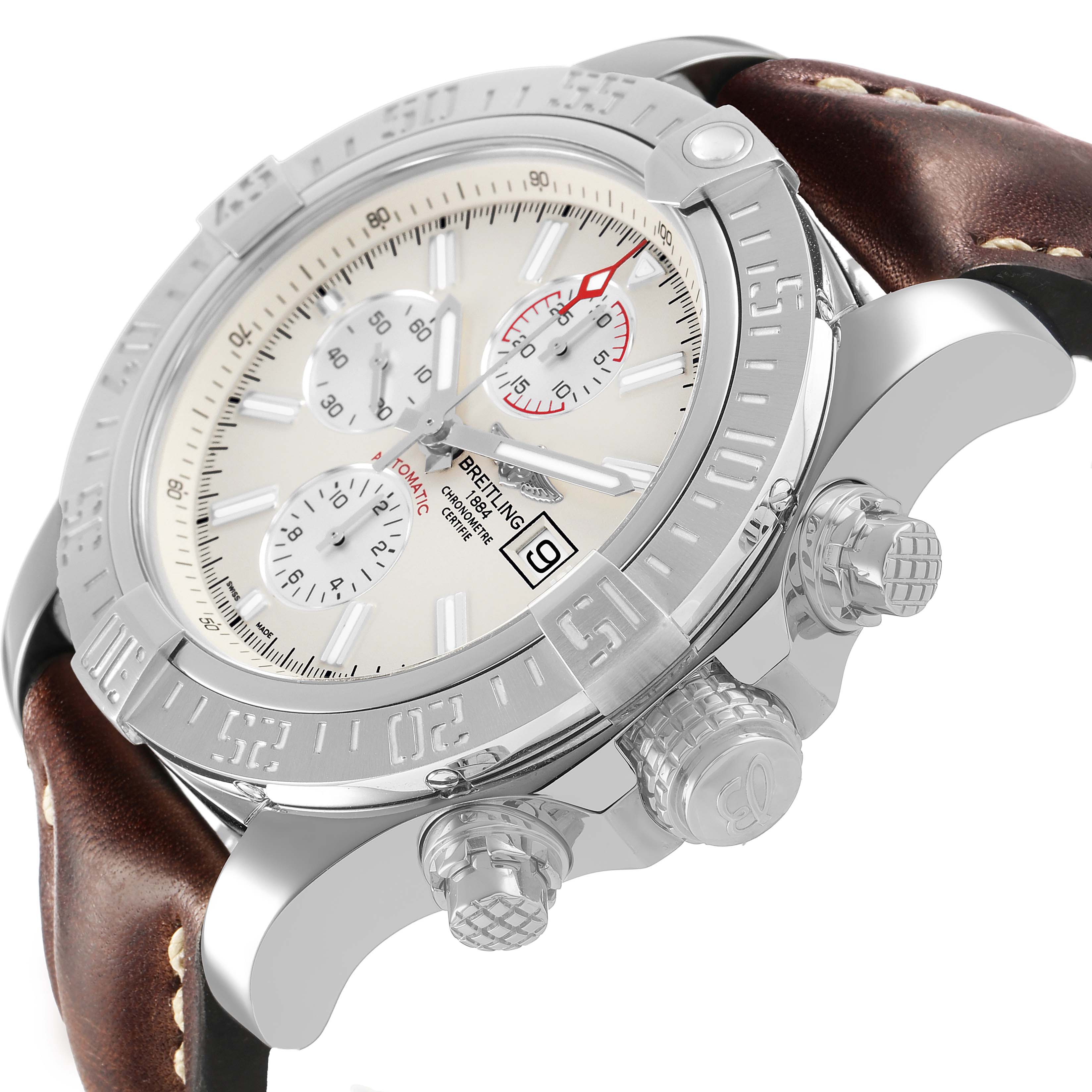 The Breitling Avenger A13371 Men's Stainless Steel White Dial watch is shown at an angle highlighting the bezel, crown, pushers, and part of the leather strap.