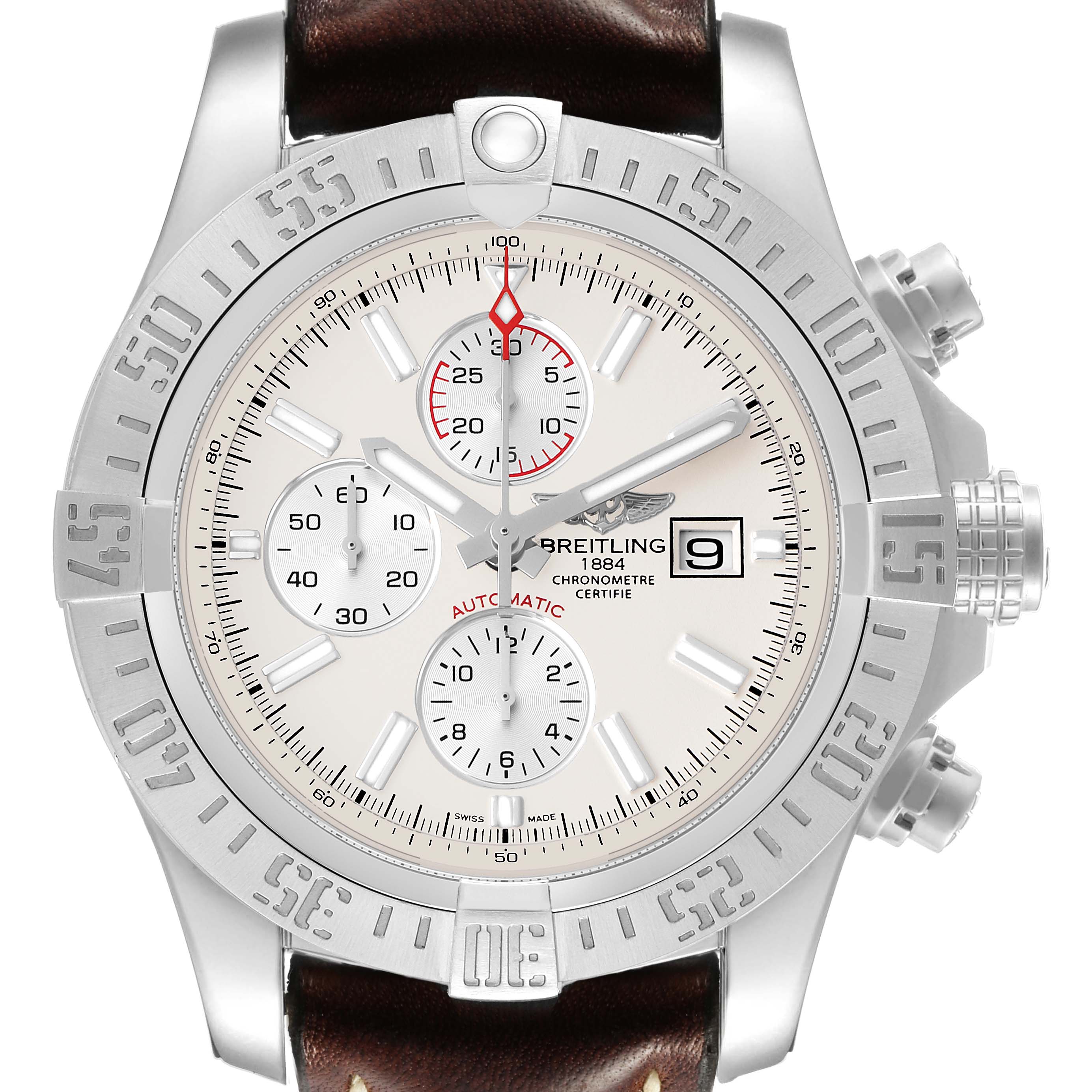 The Breitling Avenger A13371 Men's Stainless Steel White Dial watch is shown from the front, displaying its dial, bezel, crown, and chronograph sub-dials.