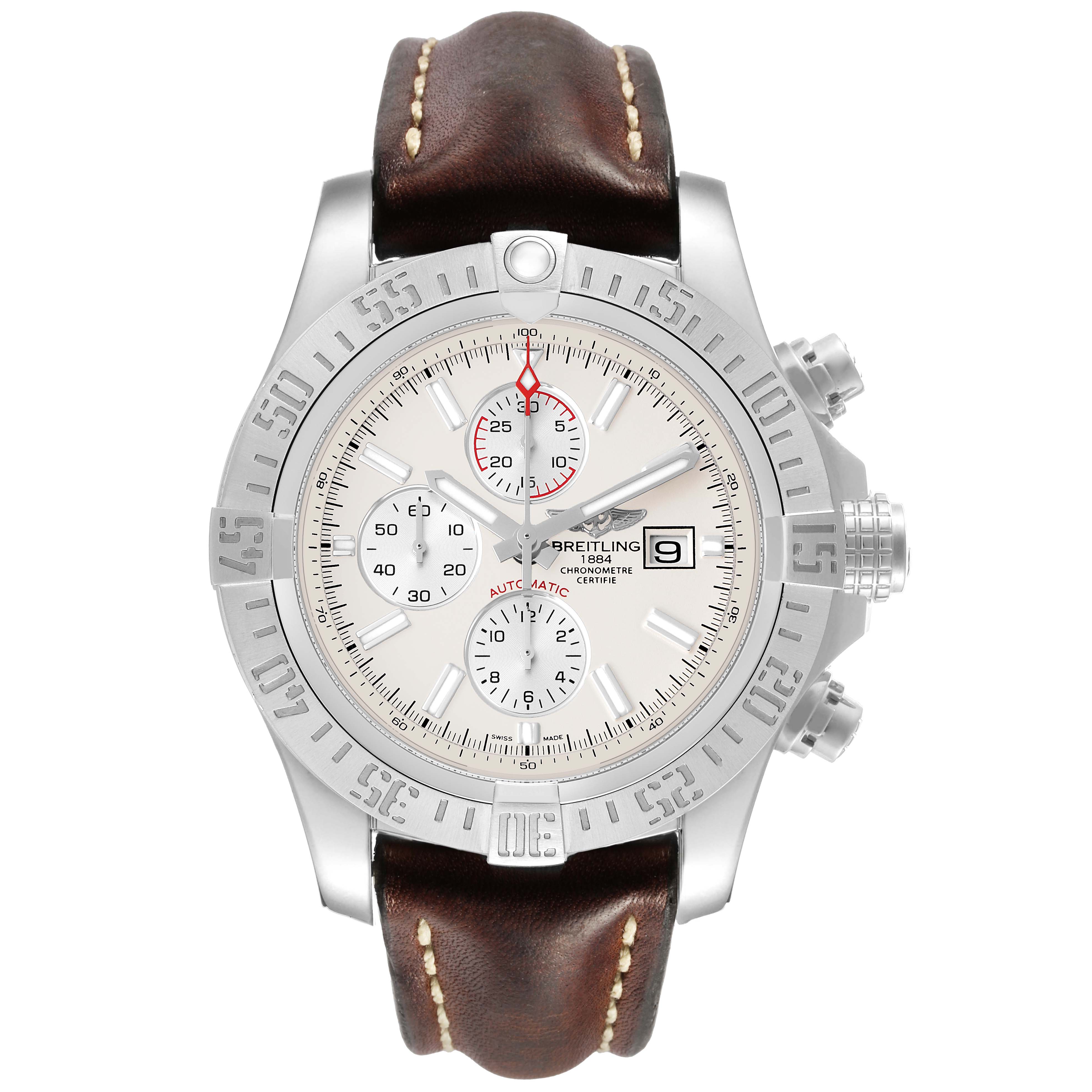 The Breitling Avenger A13371 Men's Stainless Steel White Dial watch is shown from the front, displaying its bezel, dial, subdials, and leather strap.