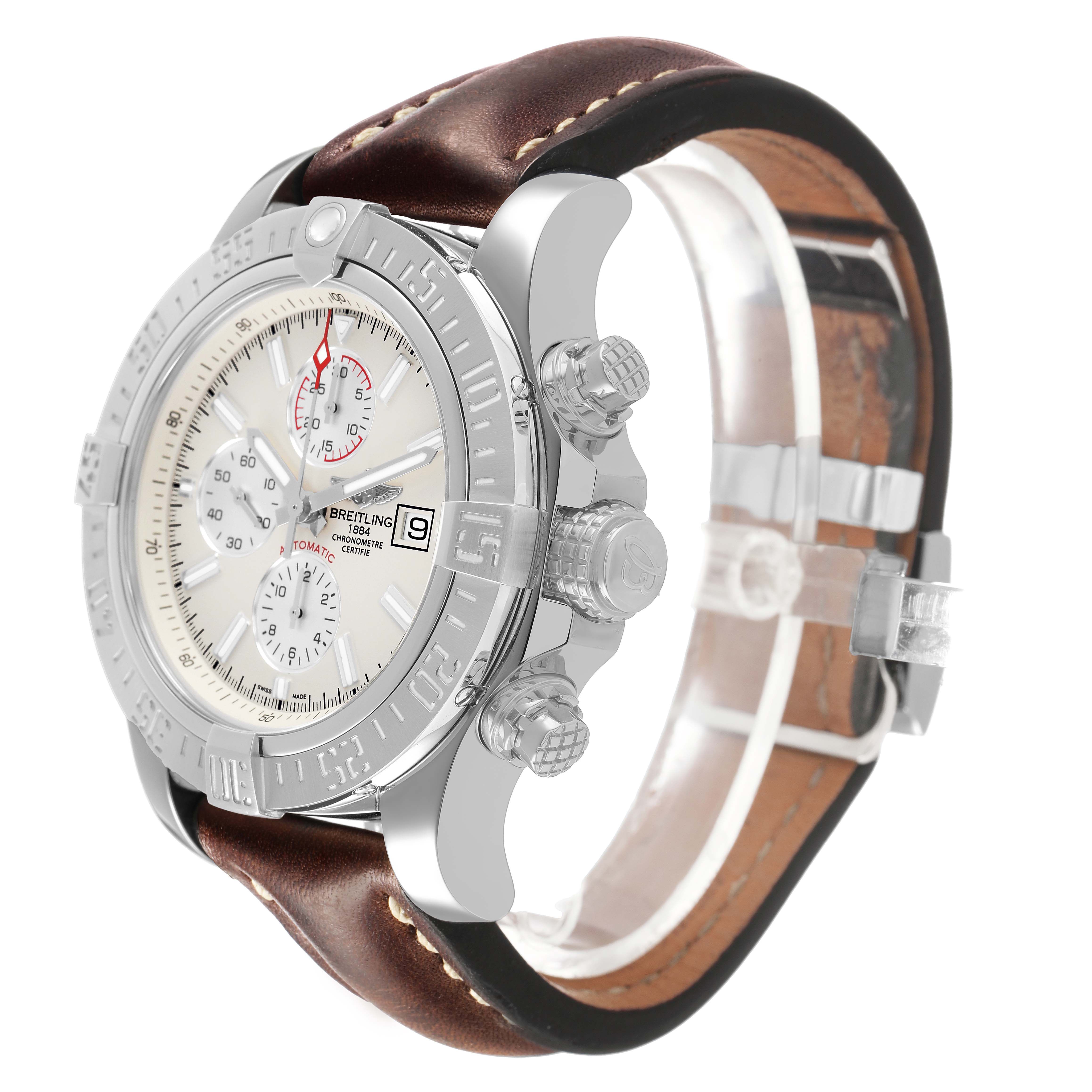 The Breitling Avenger A13371 Men's Stainless Steel White Dial watch is shown from a side angle, displaying the bezel, crown, pushers, and leather strap.