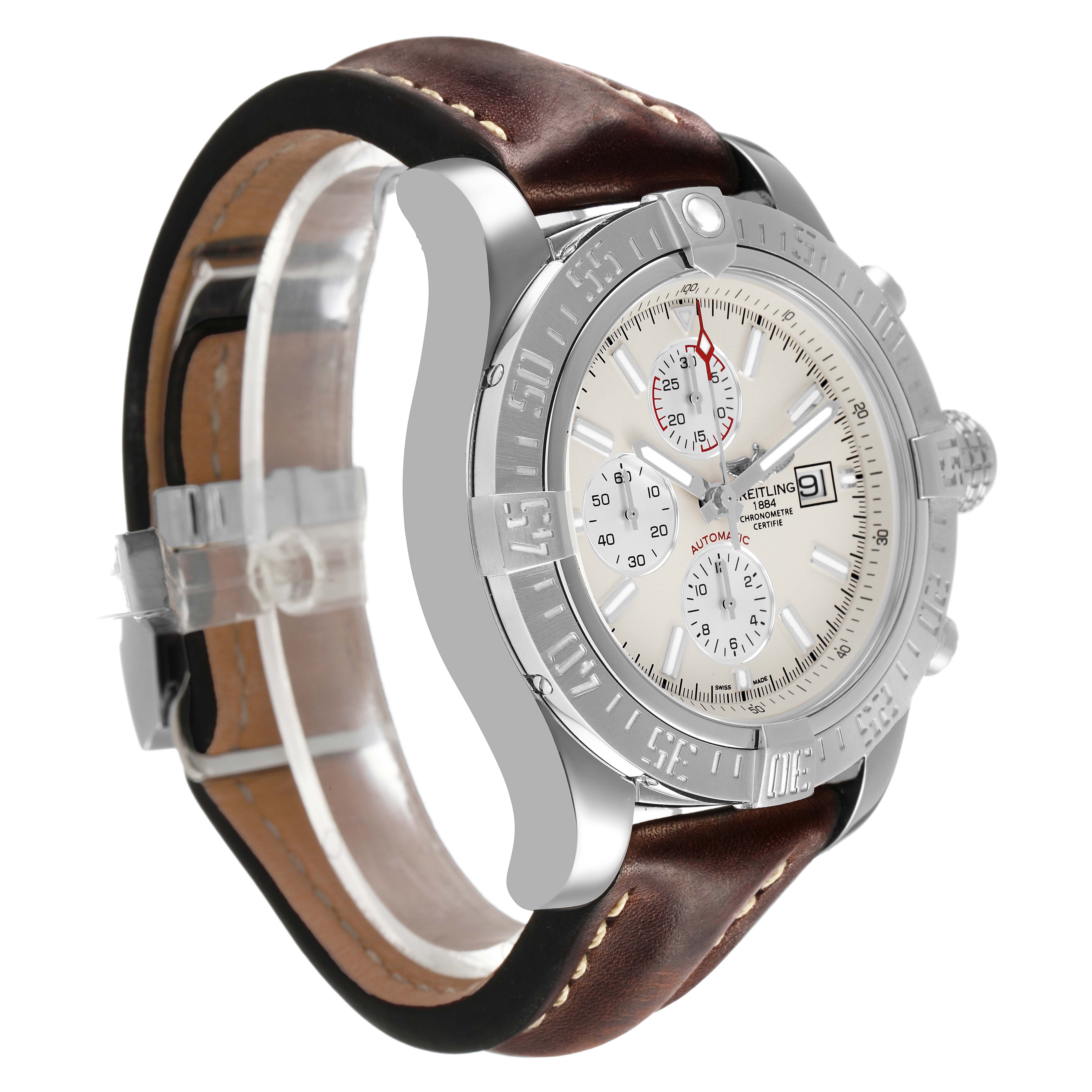 The Breitling Avenger A13371 Men's Stainless Steel White Dial watch is shown at a three-quarter angle, highlighting the bezel, dial, chronograph, and leather strap.