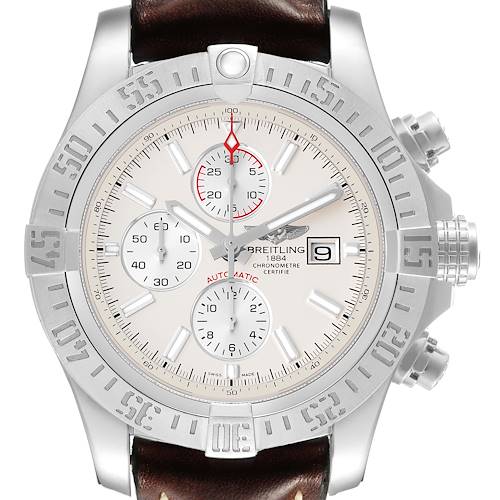 The Breitling Avenger A13371 Men's Stainless Steel White Dial watch is shown from a front angle, featuring the dial, bezel, and side pushers.