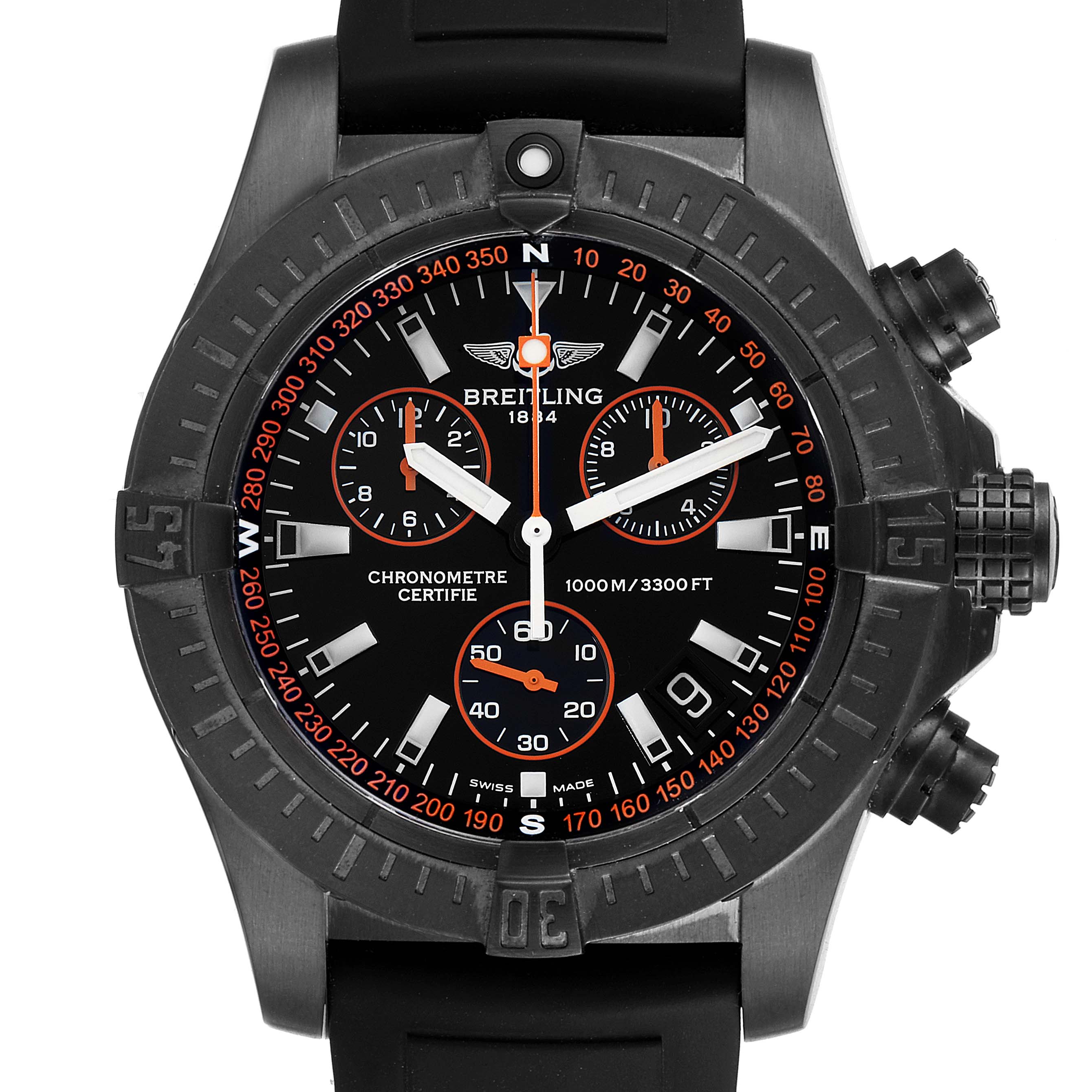 The image shows a front-facing view of the Breitling Avenger M73390 Men
s Stainless Steel Black Dial M73390 Men
s Stainless Steel Black Dial watch, showcasing its dial, bezel, and crown.