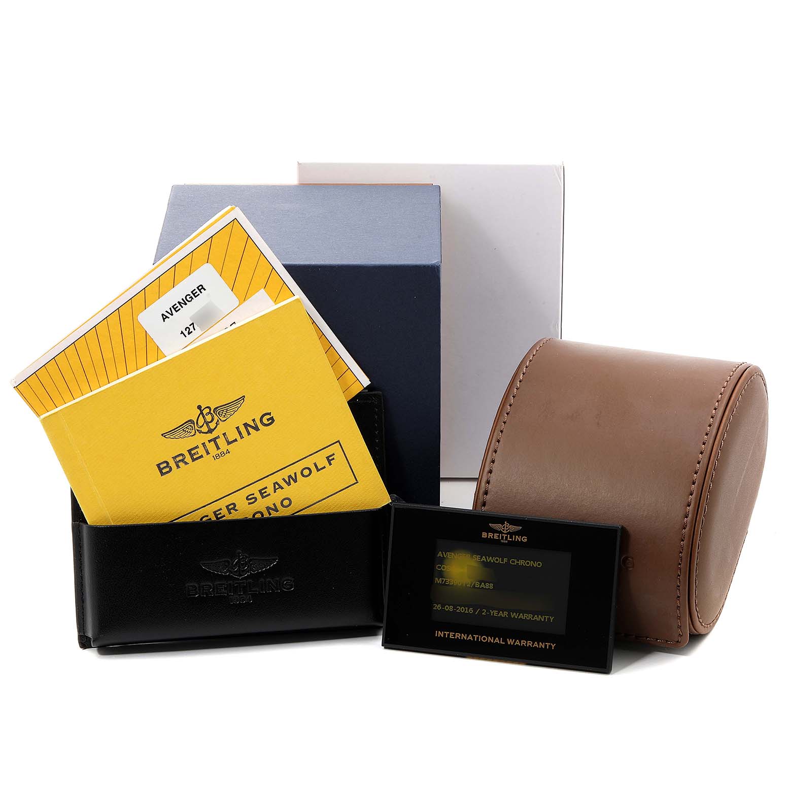 The image displays Breitling Avenger M73390 Men
s Stainless Steel Black Dial M73390 Men
s Stainless Steel Black Dial model accessories, including a watch box, manuals, warranty card, and a leather case.