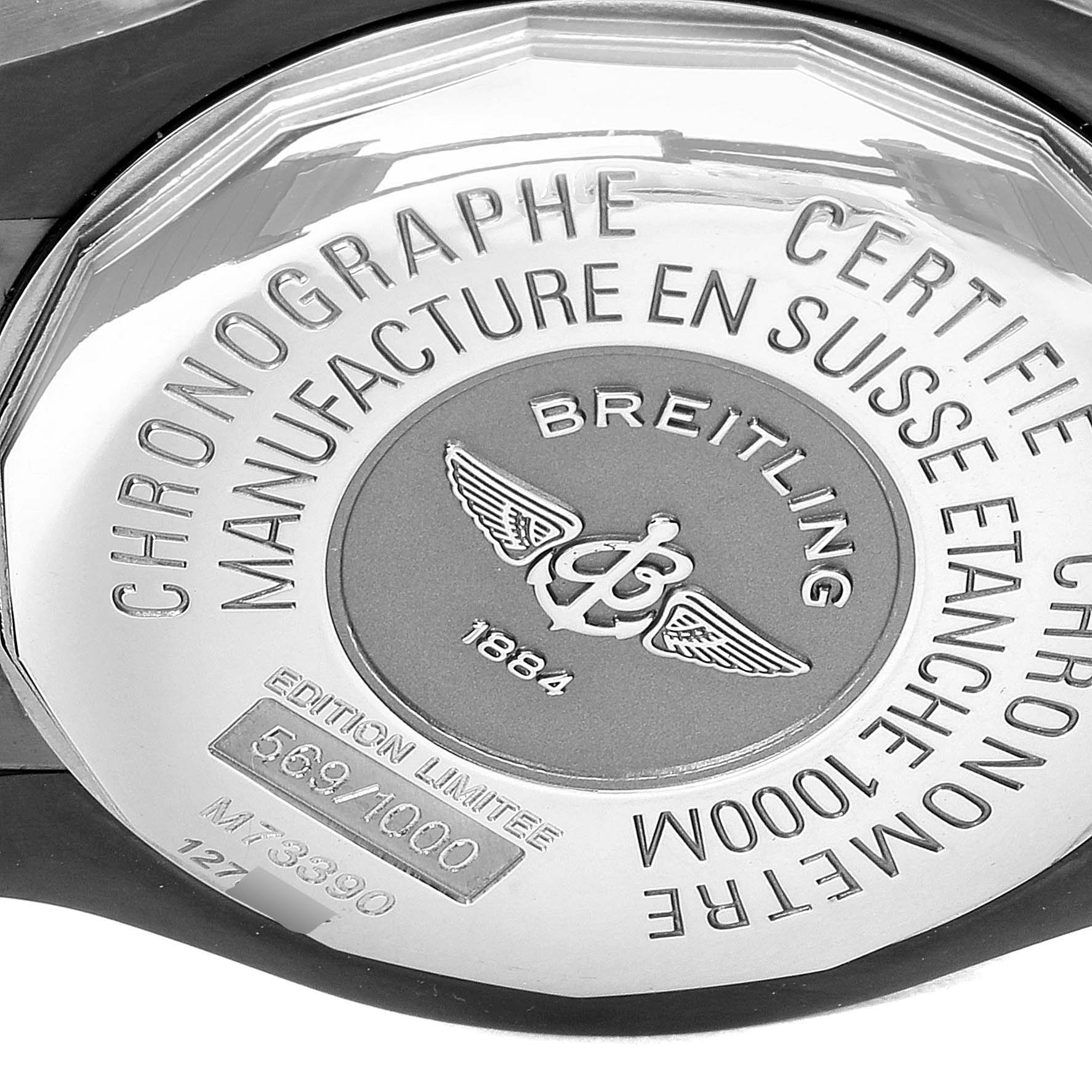 The image shows the engraved case back of a Breitling Avenger M73390 Men
s Stainless Steel Black Dial M73390 Men
s Stainless Steel Black Dial watch, detailing its specifications and limited edition number.