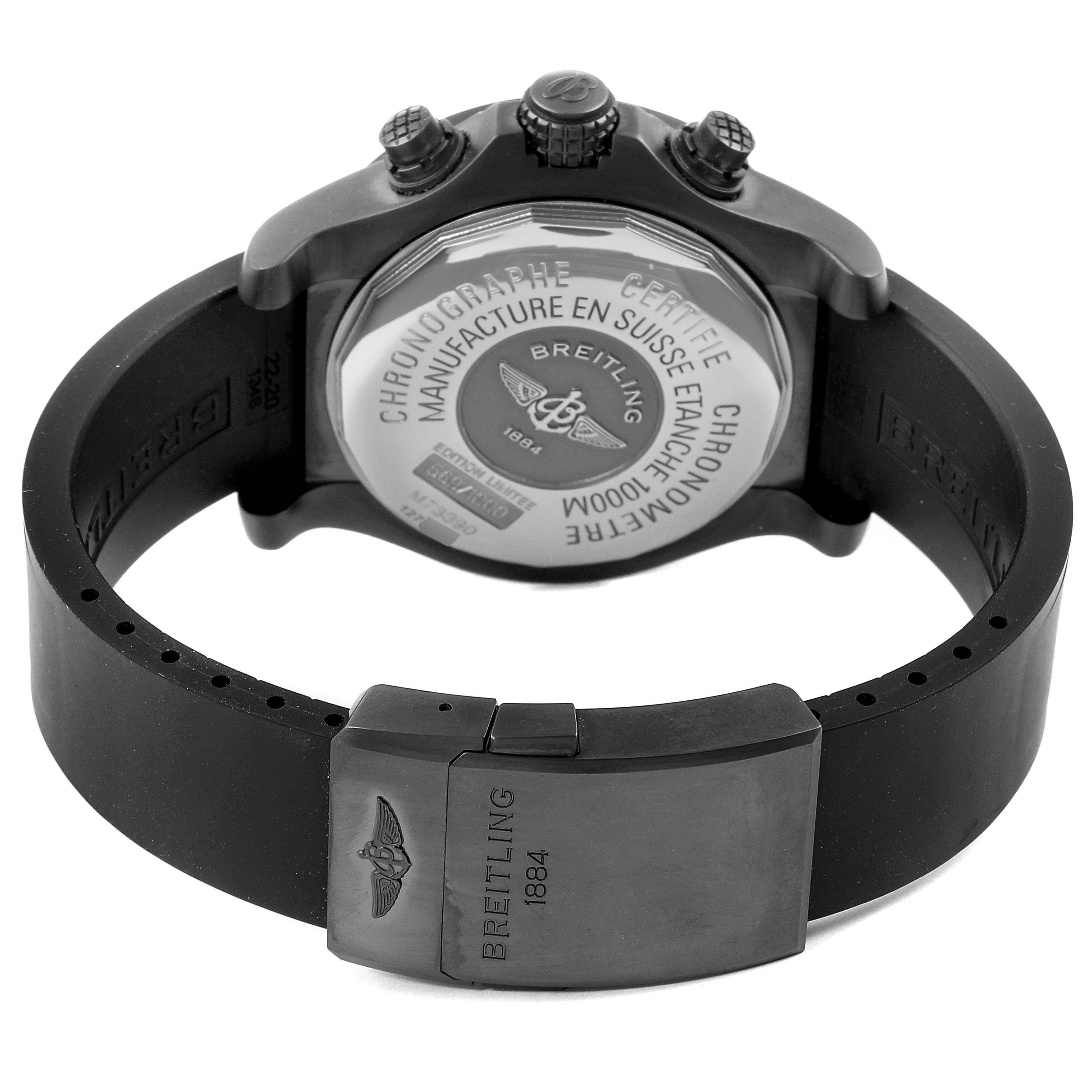 The image shows the back and clasp of the Breitling Avenger M73390 Men
s Stainless Steel Black Dial M73390 Men
s Stainless Steel Black Dial watch, highlighting the case back and rubber strap.