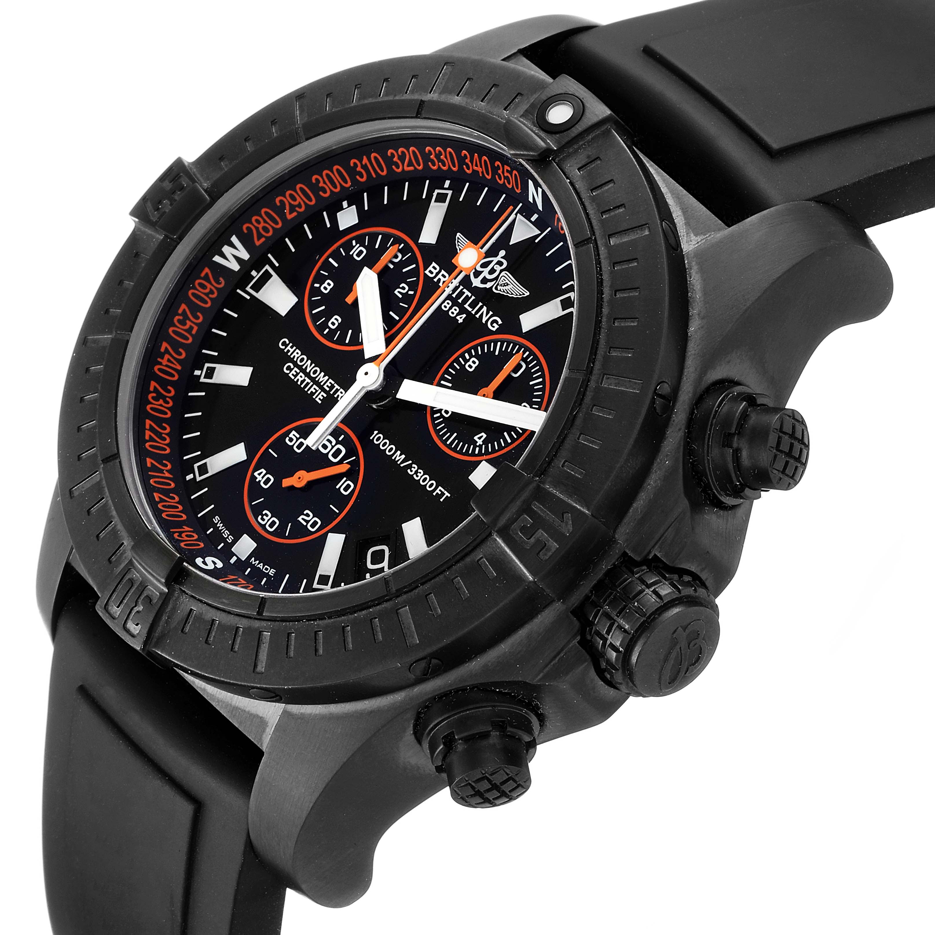 The Breitling Avenger M73390 Men
s Stainless Steel Black Dial M73390 Men
s Stainless Steel Black Dial watch is shown at an oblique angle, highlighting its bezel, dial, and side buttons.