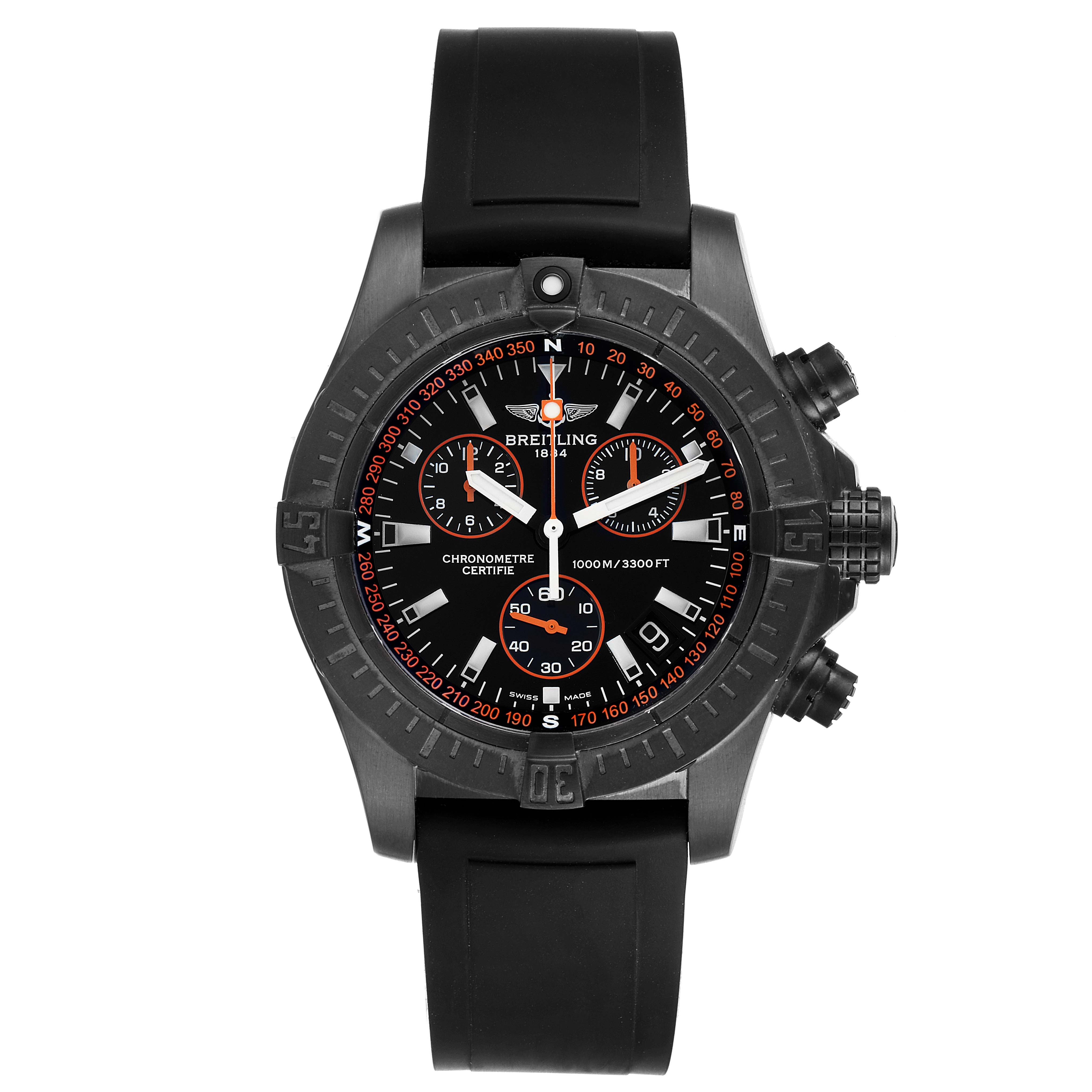 The Breitling Avenger M73390 Men
s Stainless Steel Black Dial M73390 Men
s Stainless Steel Black Dial watch is shown from a top-down angle, displaying its face, bezel, and rubber strap.