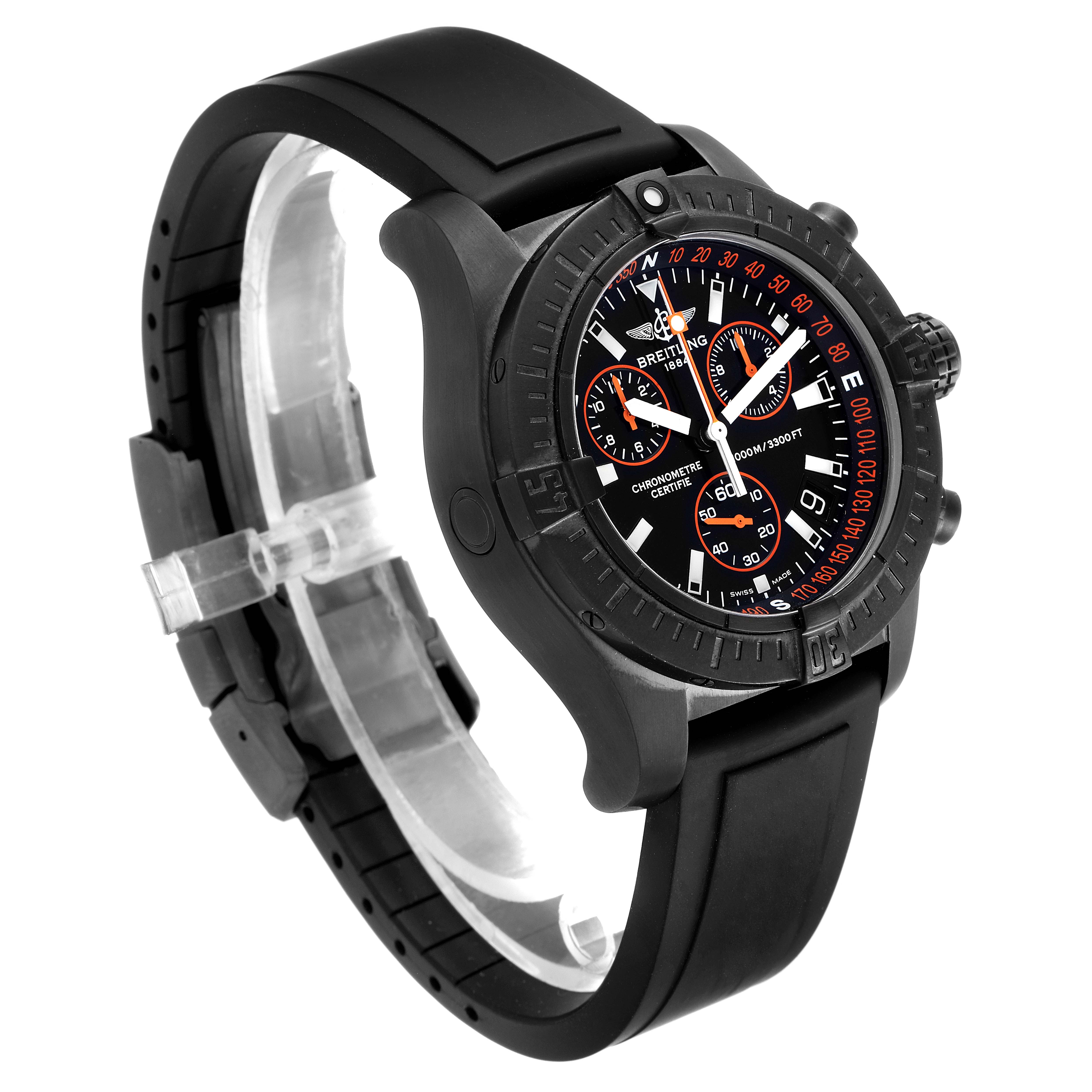 The image shows a 3/4 angle view of the Breitling Avenger M73390 Men
s Stainless Steel Black Dial M73390 Men
s Stainless Steel Black Dial watch, highlighting its black dial, chronograph dials, and black rubber strap.