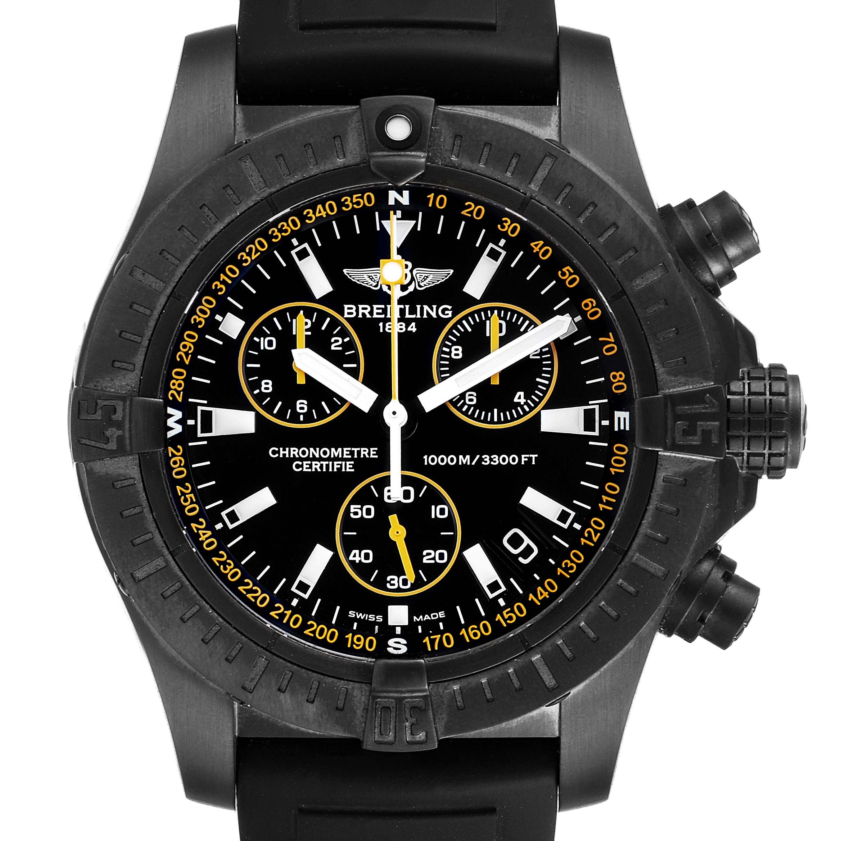 The image shows a front view of the Breitling Avenger M73390 Men's Stainless Steel Black Dial M73390 Men's Stainless Steel Black Dial model watch, highlighting its dial, bezel, and chronograph pushers.