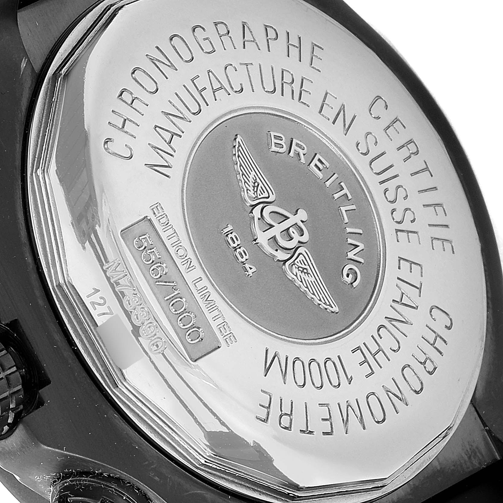 The image shows the back case of the Breitling Avenger M73390 Men's Stainless Steel Black Dial M73390 Men's Stainless Steel Black Dial watch, detailing its certification and limited edition status.