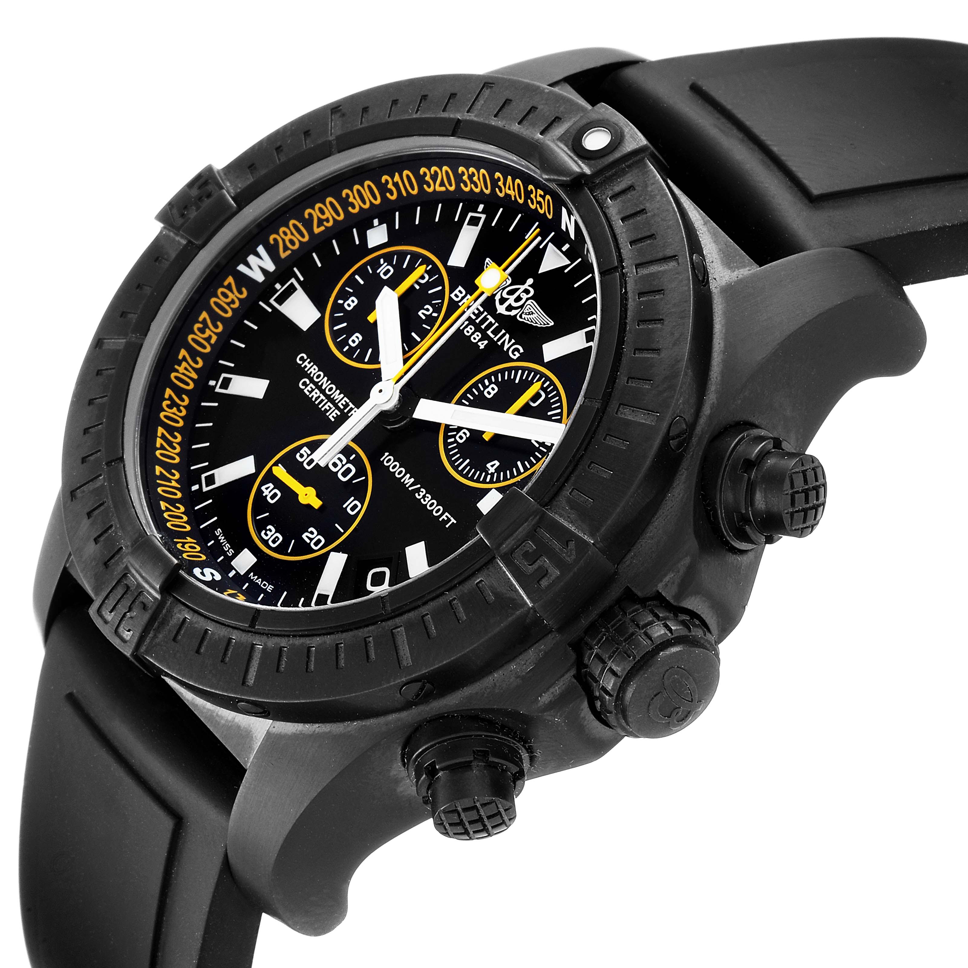 The image shows a close-up angle of a Breitling Avenger M73390 Men's Stainless Steel Black Dial M73390 Men's Stainless Steel Black Dial watch, highlighting its bezel, dial, chronograph subdials, and rubber strap.