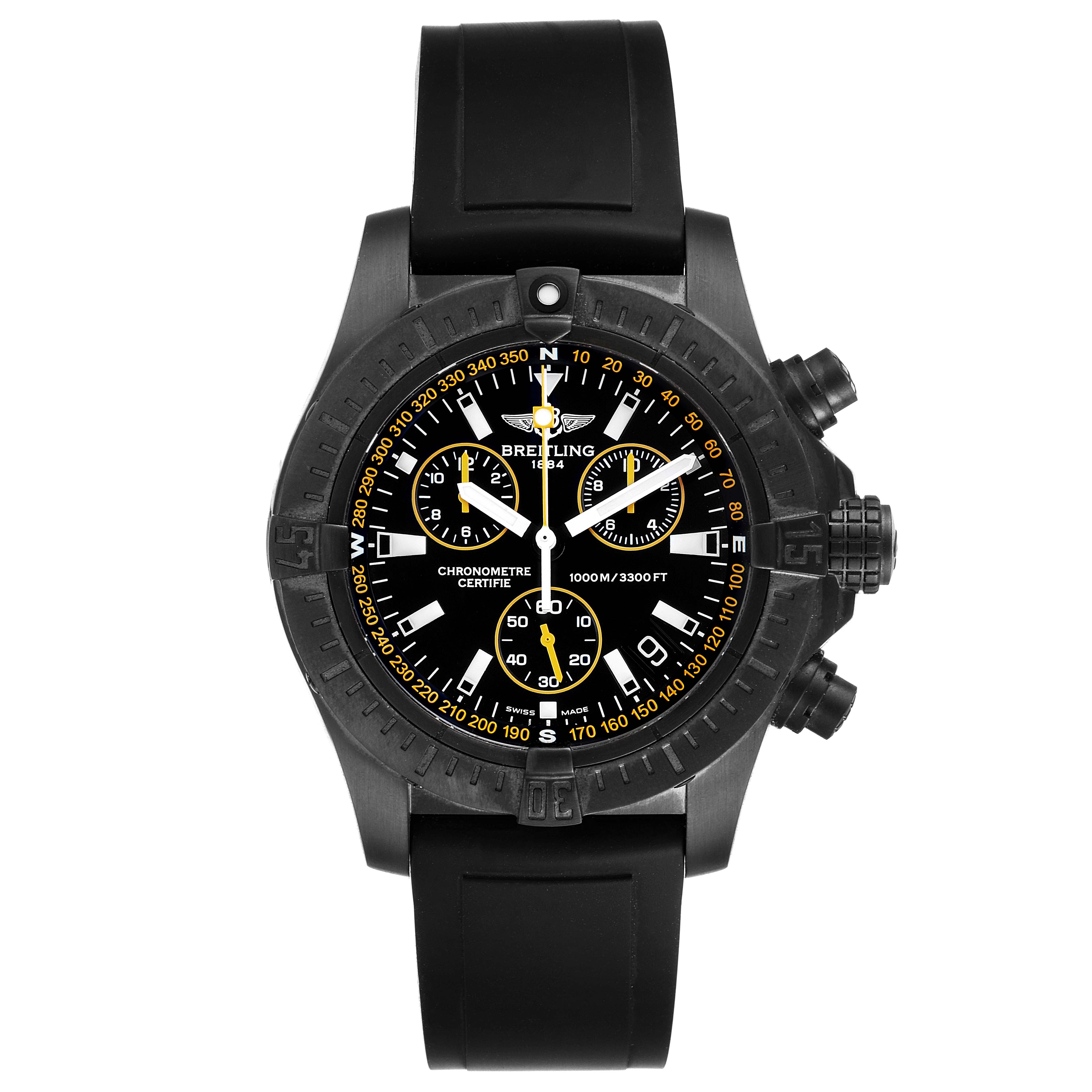 The image shows a front view of the Breitling Avenger M73390 Men's Stainless Steel Black Dial M73390 Men's Stainless Steel Black Dial watch, featuring its black dial, bezel, and rubber strap.