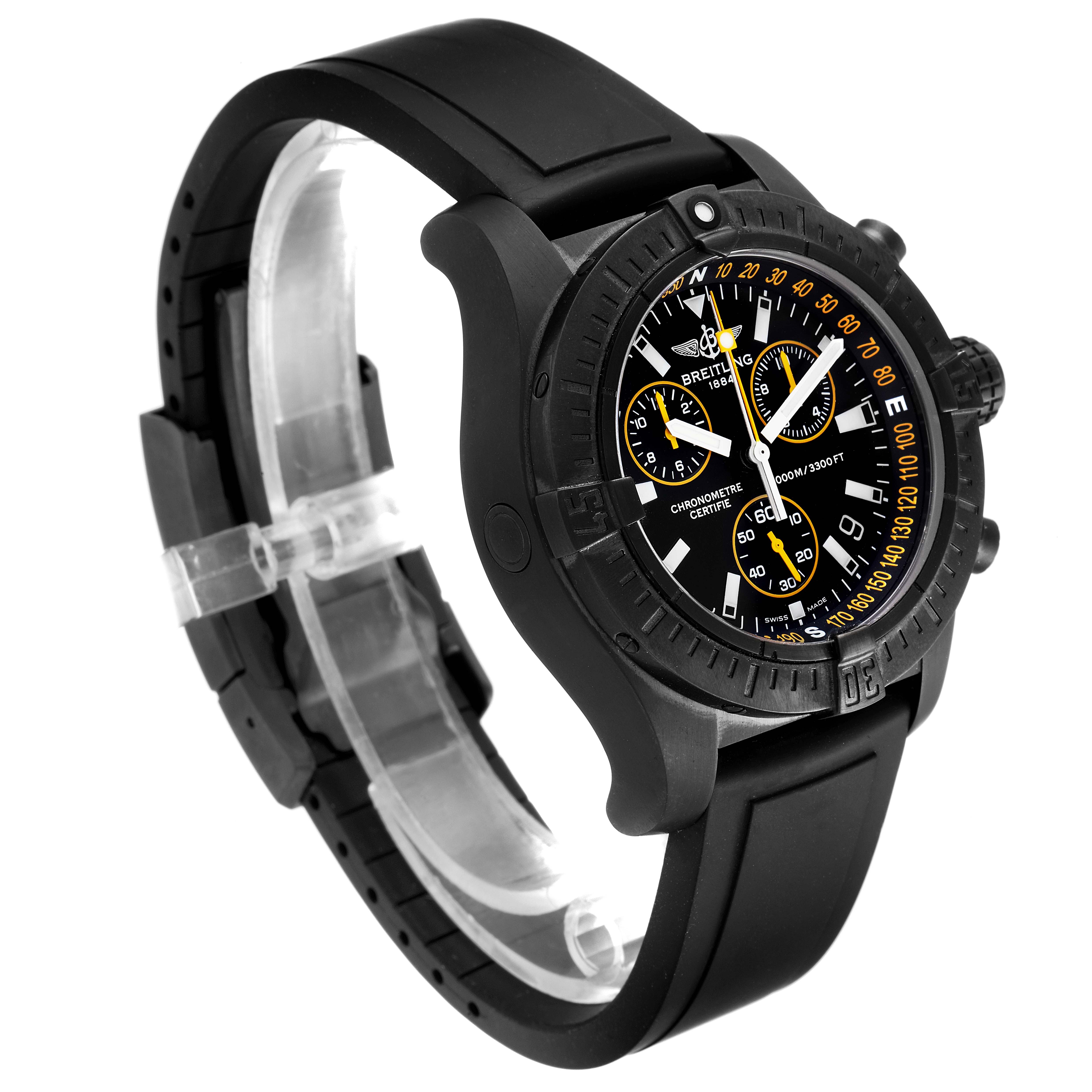 The image shows the Breitling Avenger M73390 Men's Stainless Steel Black Dial M73390 Men's Stainless Steel Black Dial watch from a front-left angle, highlighting its black dial, bezel, and rubber strap.