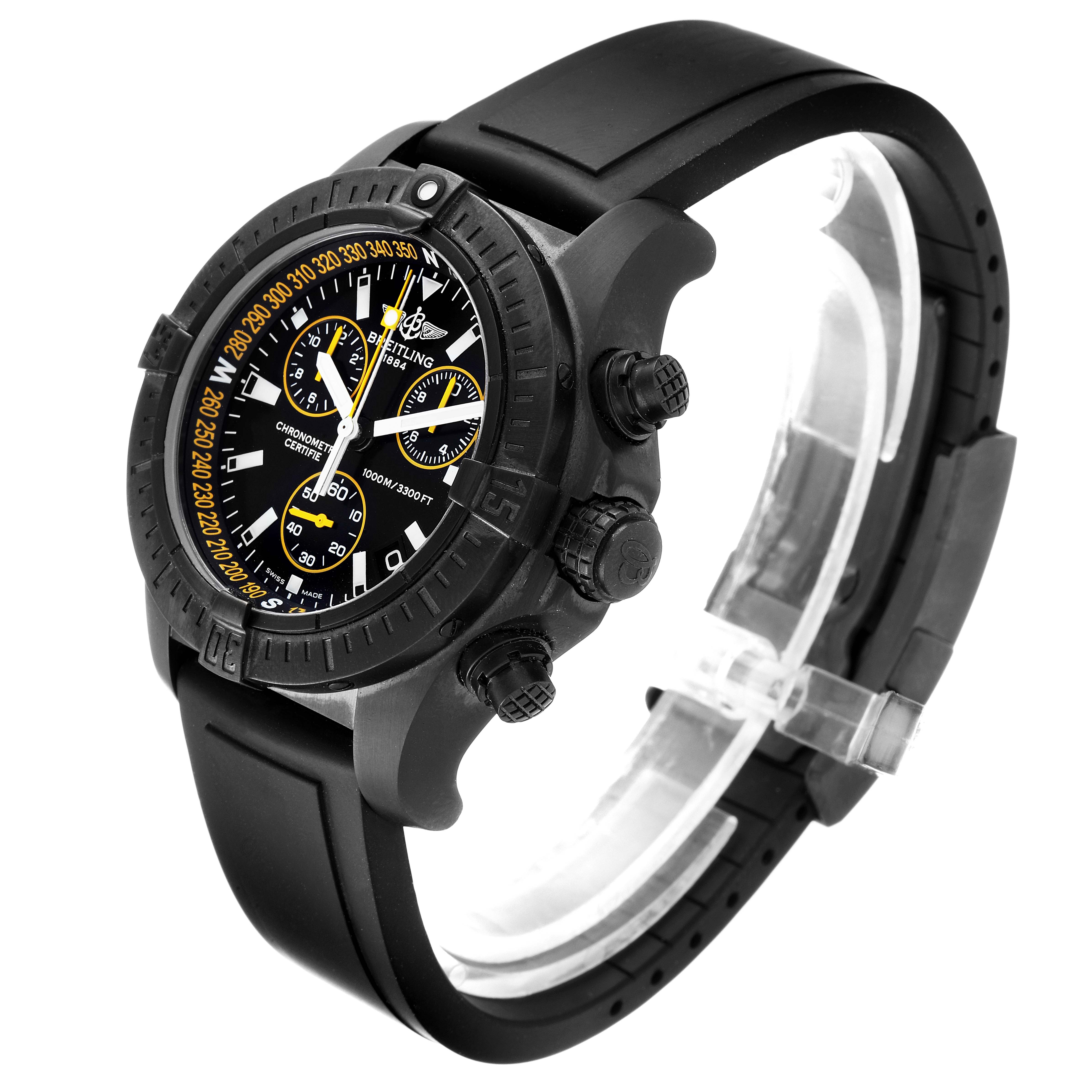 This image shows a side and top view of a Breitling Avenger M73390 Men's Stainless Steel Black Dial M73390 Men's Stainless Steel Black Dial watch, highlighting the bezel, chronograph buttons, and rubber strap.