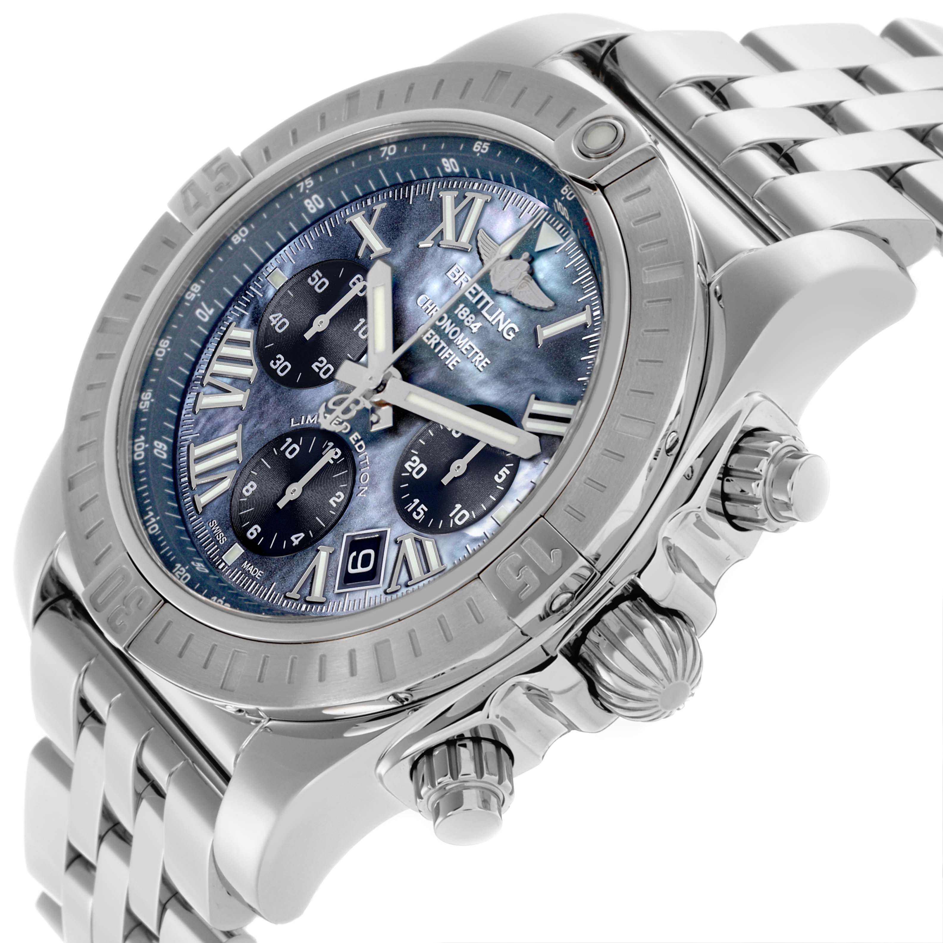The Breitling Chronomat AB01152A/BH20 Men's Stainless Steel Mother of Pearl Dial AB01152A/BH20 Men's Stainless Steel Mother of Pearl Dial watch is shown at an angled view, displaying its face, bezel, and side buttons.