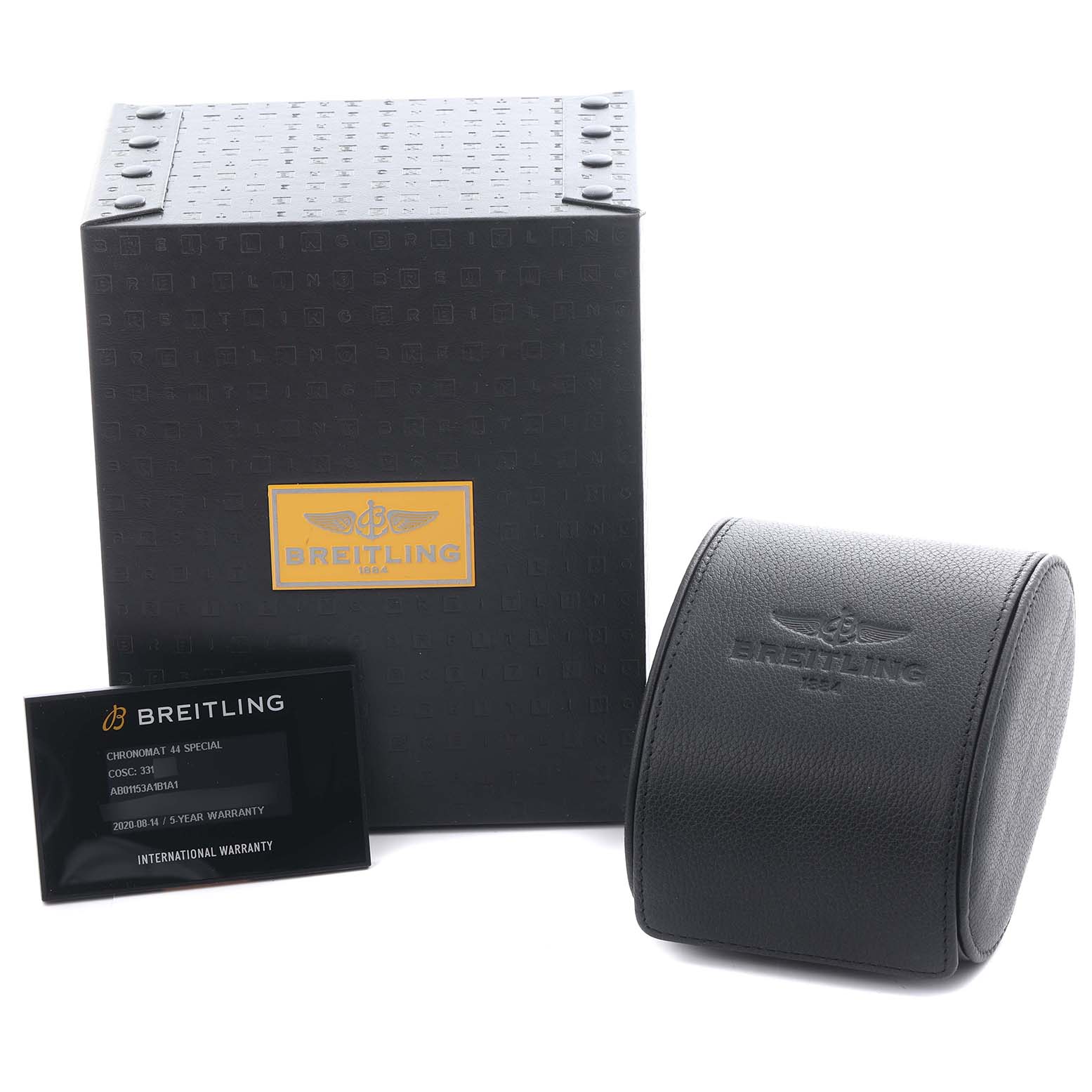 The image shows the Breitling Chronomat AB01152A/BH20 Men's Stainless Steel Mother of Pearl Dial AB01152A/BH20 Men's Stainless Steel Mother of Pearl Dial packaging and accessories, including a box, a travel case, and a warranty card.