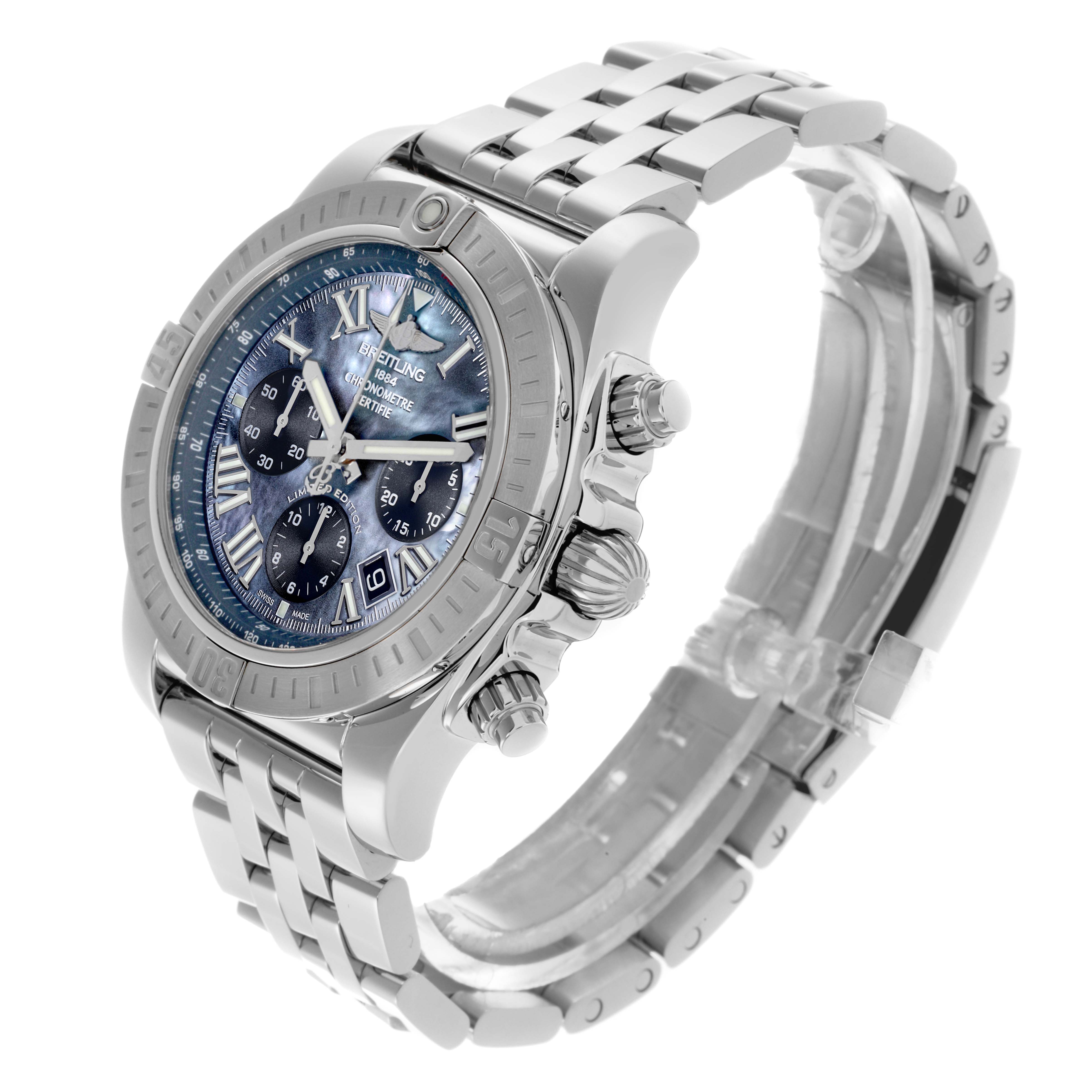 The Breitling Chronomat AB01152A/BH20 Men's Stainless Steel Mother of Pearl Dial AB01152A/BH20 Men's Stainless Steel Mother of Pearl Dial watch is shown at a three-quarter angle, highlighting the dial, crown, pushers, and bracelet.