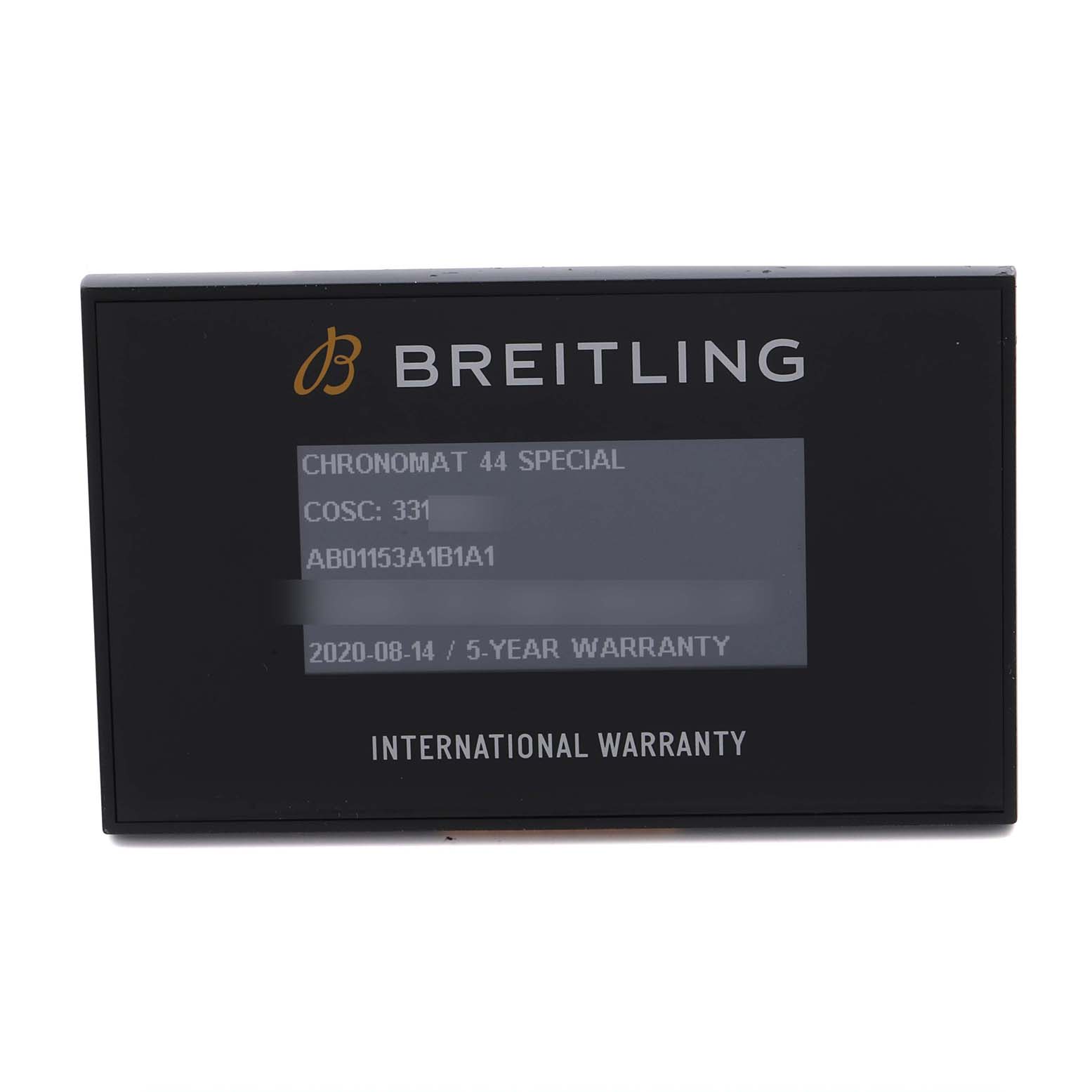 This image shows the warranty card for a Breitling Chronomat AB01152A/BH20 Men's Stainless Steel Mother of Pearl Dial AB01152A/BH20 Men's Stainless Steel Mother of Pearl Dial model, displaying warranty details and serial number.