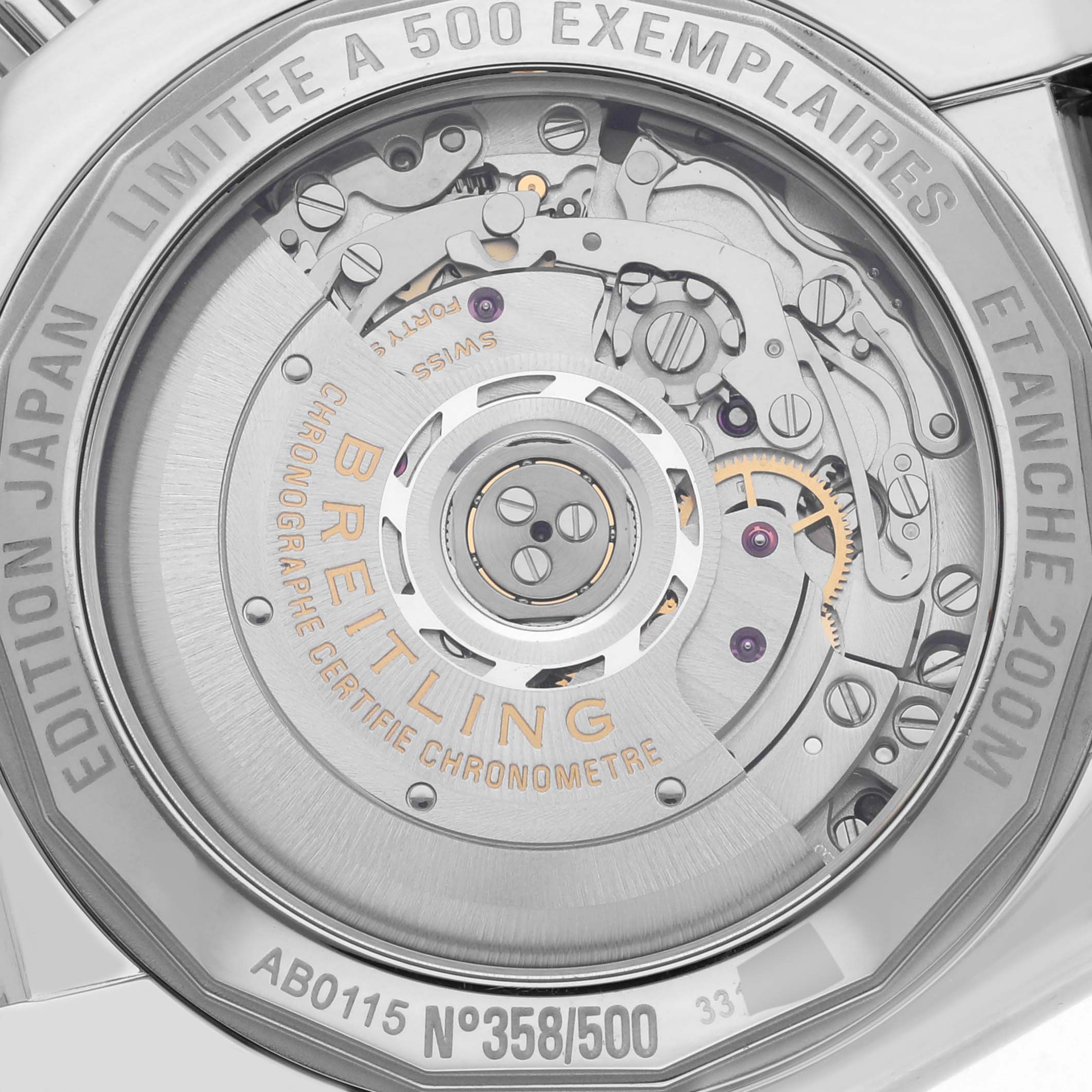 The image shows the back of a Breitling Chronomat AB01152A/BH20 Men's Stainless Steel Mother of Pearl Dial AB01152A/BH20 Men's Stainless Steel Mother of Pearl Dial watch, highlighting its intricate movement and inscriptions.