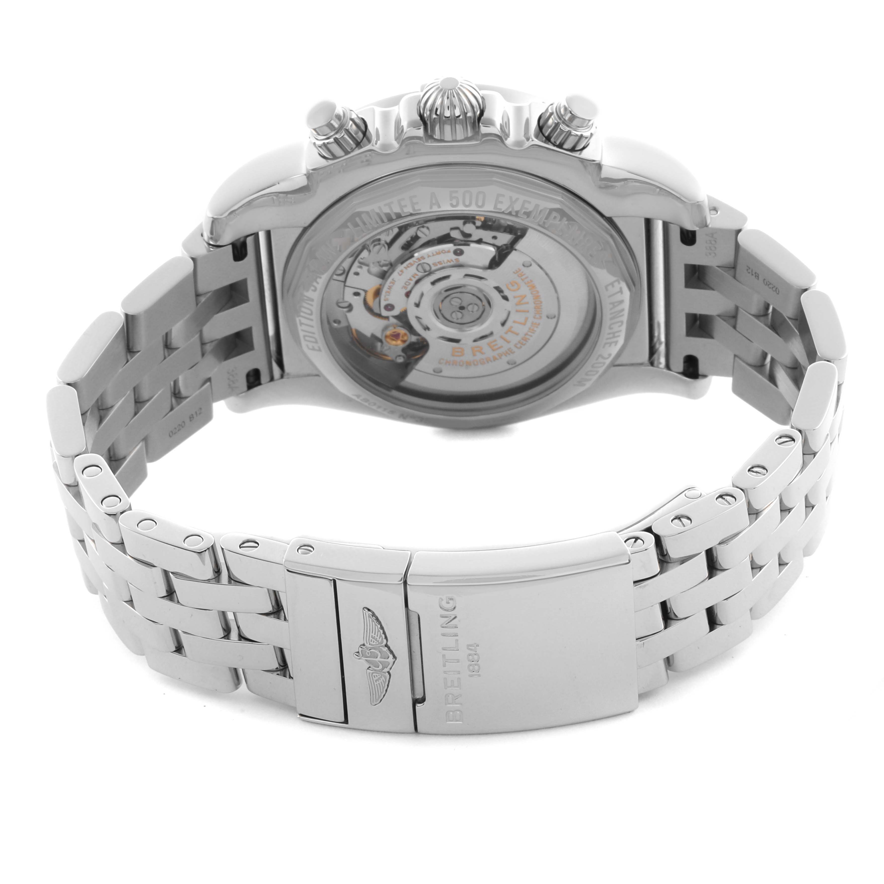 The Breitling Chronomat AB01152A/BH20 Men's Stainless Steel Mother of Pearl Dial AB01152A/BH20 Men's Stainless Steel Mother of Pearl Dial watch is shown from a rear angle, displaying its case back and metal bracelet with clasp.