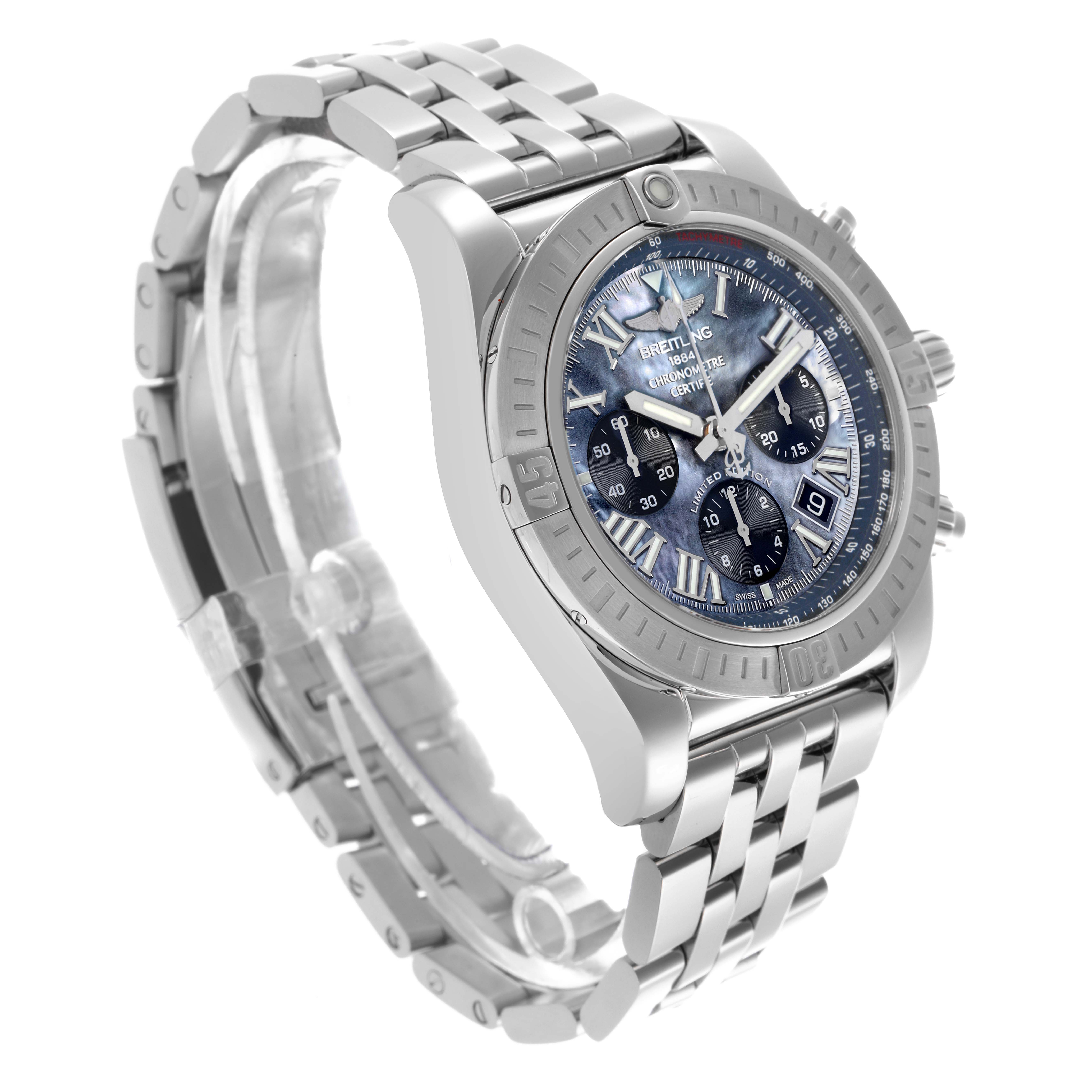 The Breitling Chronomat AB01152A/BH20 Men's Stainless Steel Mother of Pearl Dial AB01152A/BH20 Men's Stainless Steel Mother of Pearl Dial watch is shown at a three-quarter angle, highlighting the bezel, crown, face, and part of the bracelet.