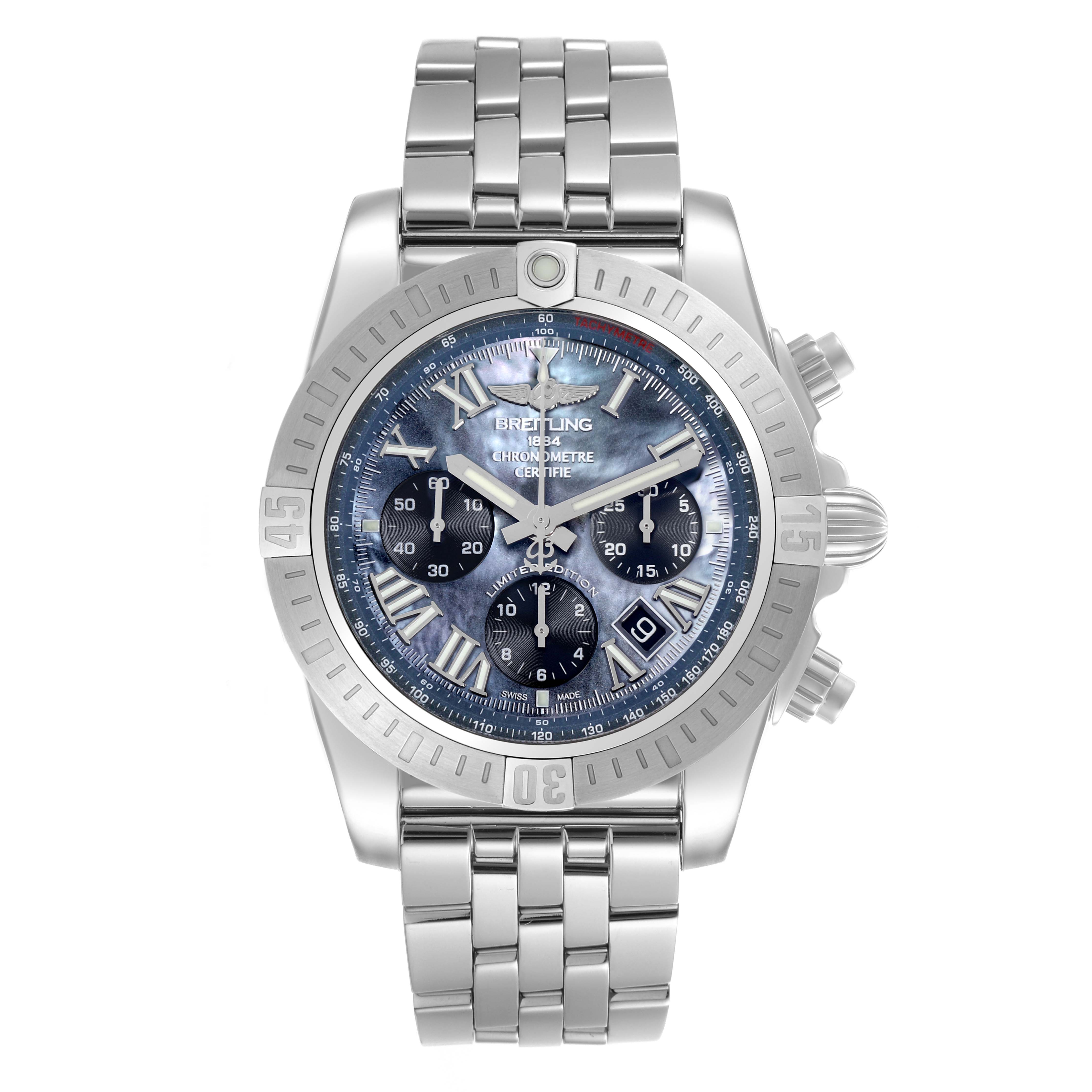 The Breitling Chronomat AB01152A/BH20 Men's Stainless Steel Mother of Pearl Dial AB01152A/BH20 Men's Stainless Steel Mother of Pearl Dial watch is shown from a front view, displaying the face, bezel, and part of the bracelet.