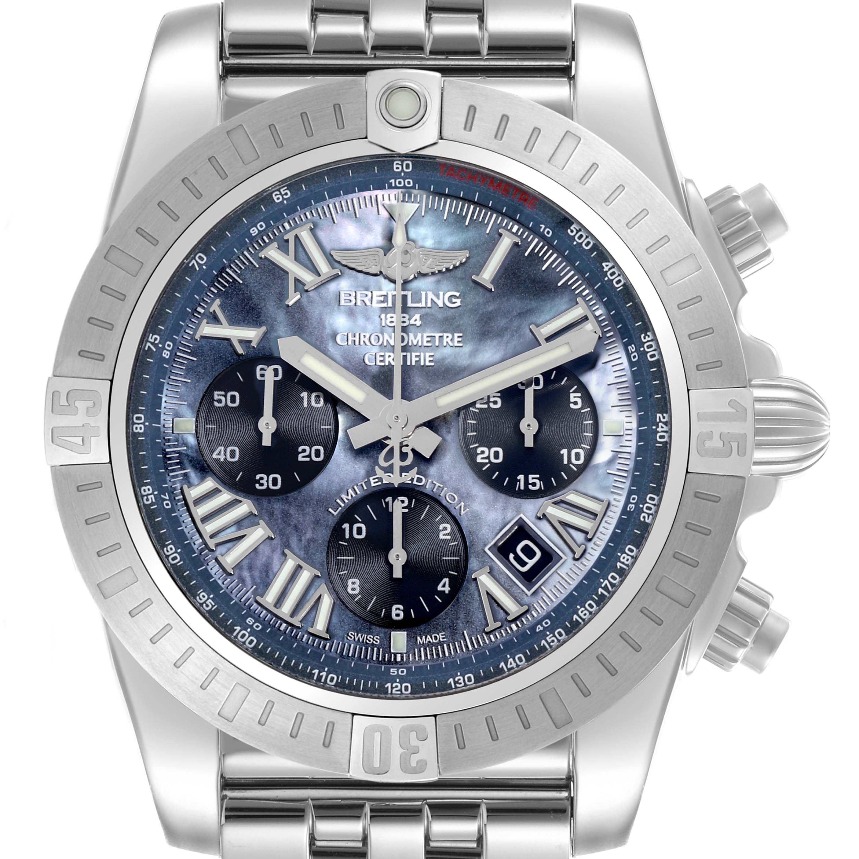 The Breitling Chronomat AB01152A/BH20 Men's Stainless Steel Mother of Pearl Dial AB01152A/BH20 Men's Stainless Steel Mother of Pearl Dial watch is shown from the front, highlighting its dial, bezel, and crown.